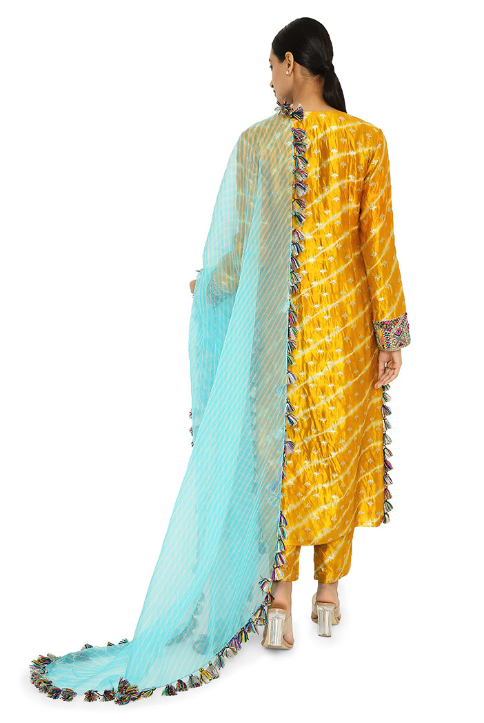 Anansi Mustard Colour Leheriya Silk Embroidered Kurta And Palazzo With Aqua Leheriya Organza Dupatta