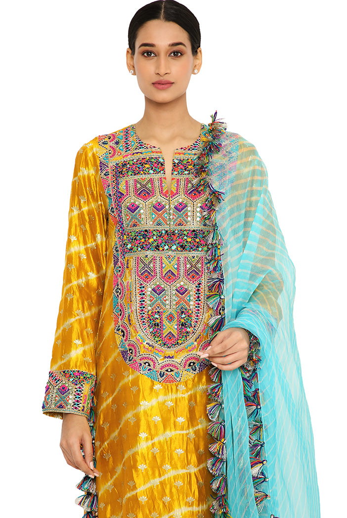 Anansi Mustard Colour Leheriya Silk Embroidered Kurta And Palazzo With Aqua Leheriya Organza Dupatta