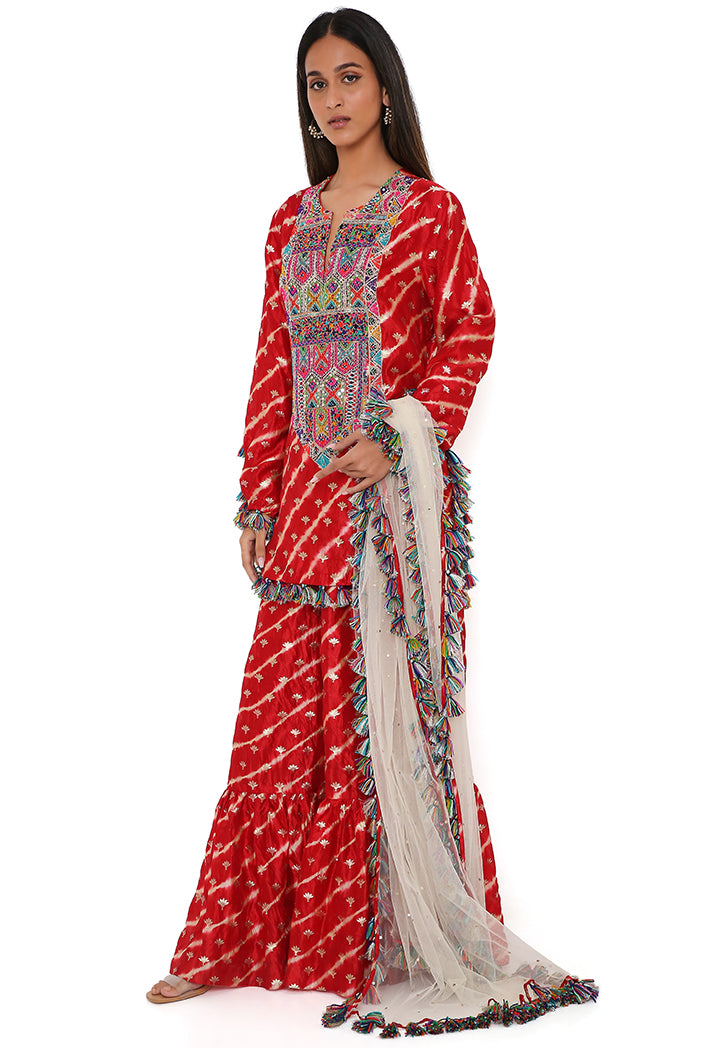 Red Silk Bandhani Leheriya Kurta And Sharara With Stone Mukaish Net Dupatta
