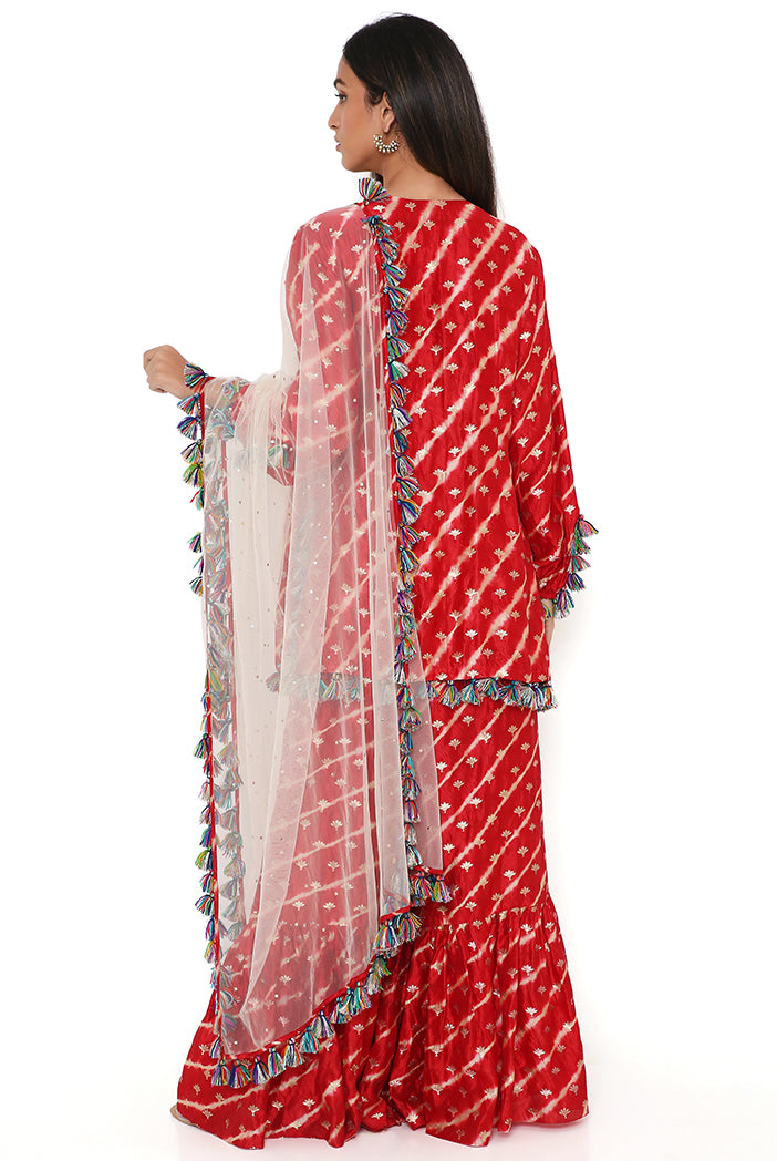 Red Silk Bandhani Leheriya Kurta And Sharara With Stone Mukaish Net Dupatta