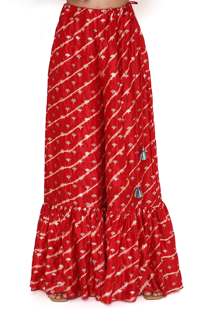 Red Silk Bandhani Leheriya Kurta And Sharara With Stone Mukaish Net Dupatta