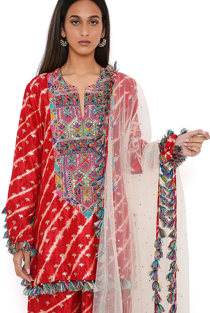 Red Silk Bandhani Leheriya Kurta And Sharara With Stone Mukaish Net Dupatta