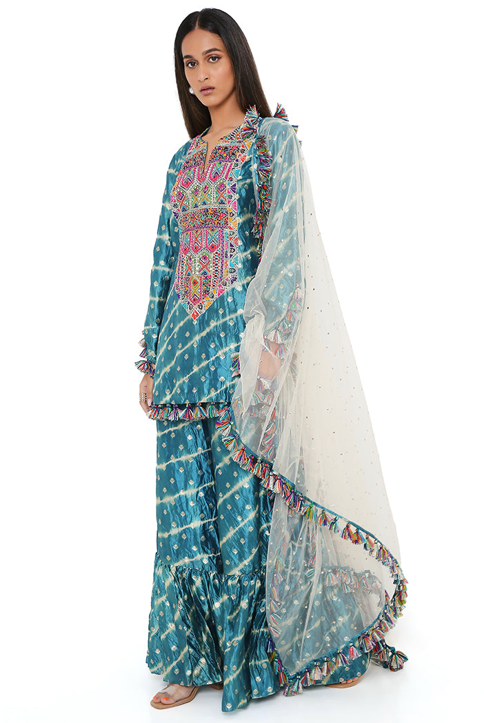Aqua Silk Bandhani Leheriya Kurta And Sharara With Stone Mukaish Net Dupatta