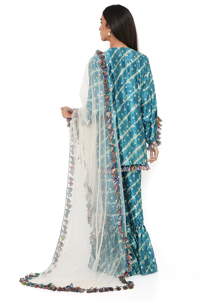 Aqua Silk Bandhani Leheriya Kurta And Sharara With Stone Mukaish Net Dupatta