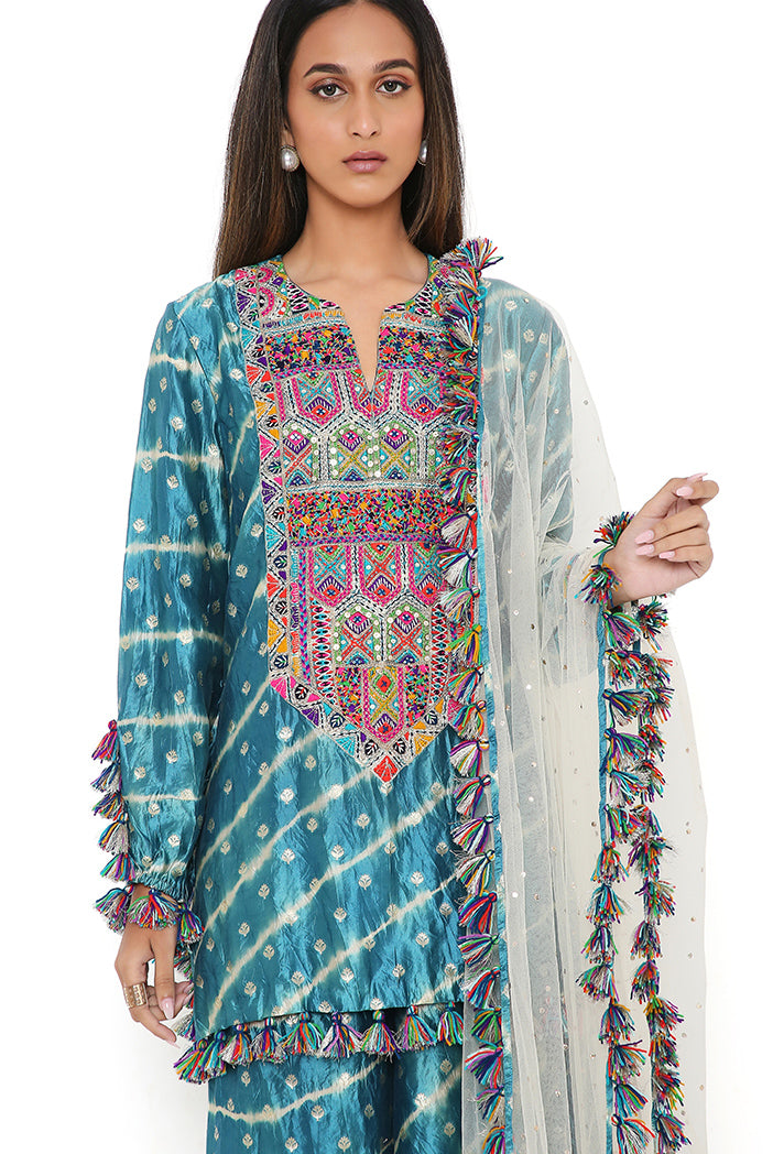Aqua Silk Bandhani Leheriya Kurta And Sharara With Stone Mukaish Net Dupatta
