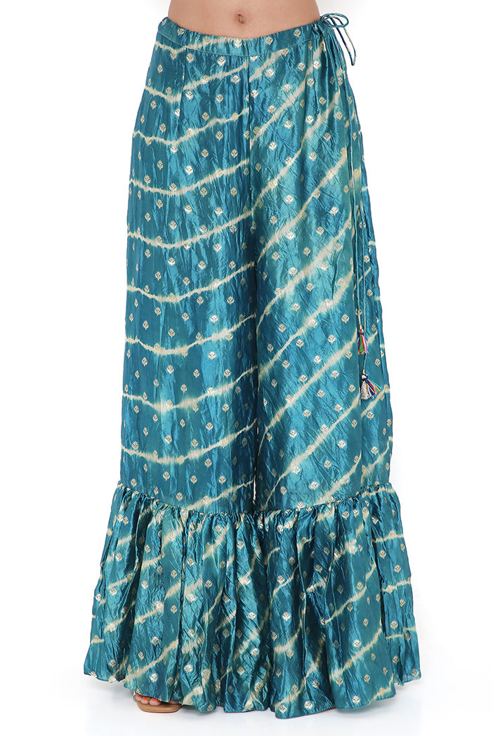 Aqua Silk Bandhani Leheriya Kurta And Sharara With Stone Mukaish Net Dupatta