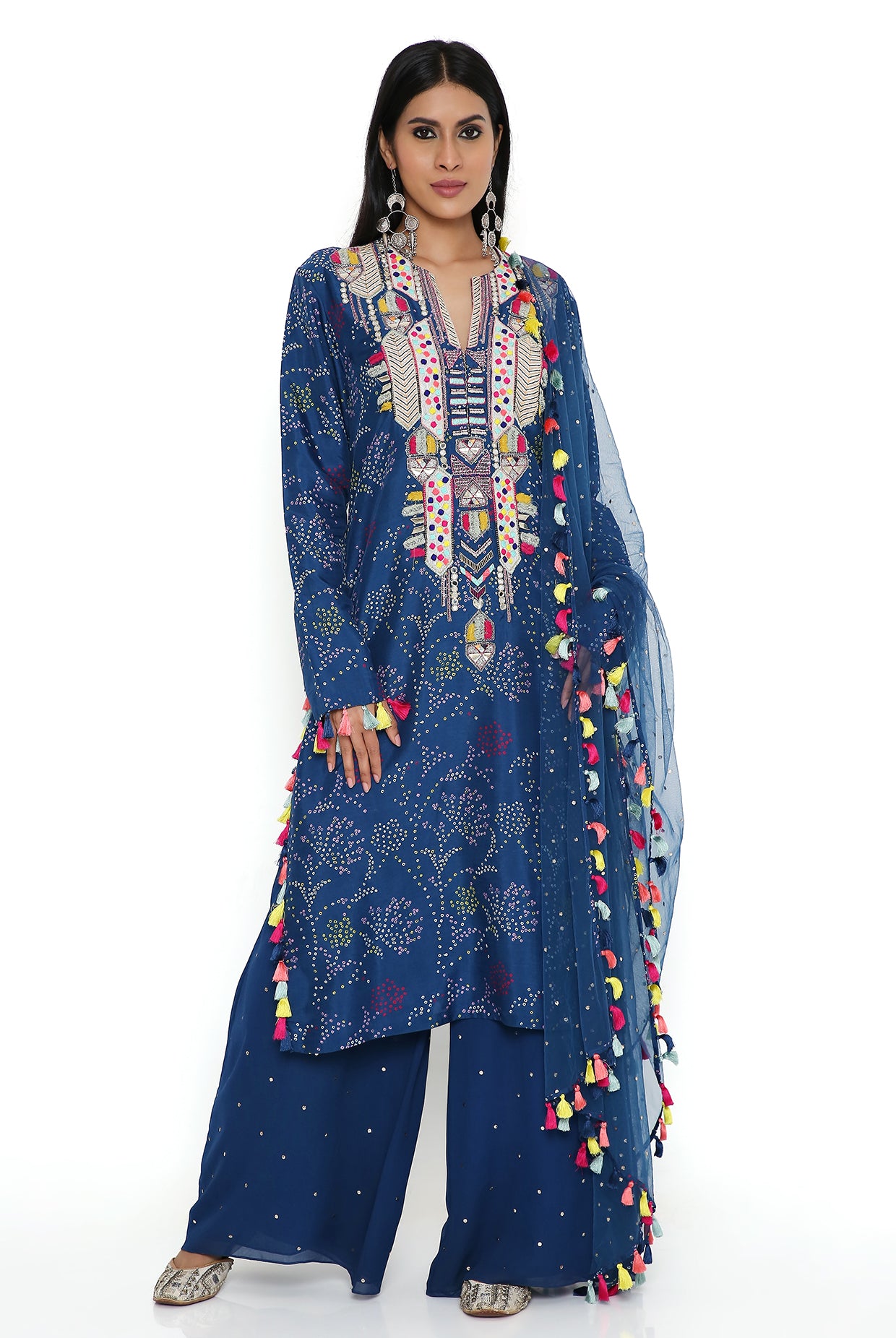 Blue Print Bandhani Silk Embroidered Kurta With Mukaish Georgette Pallazo And Mukaish Net Dupatta