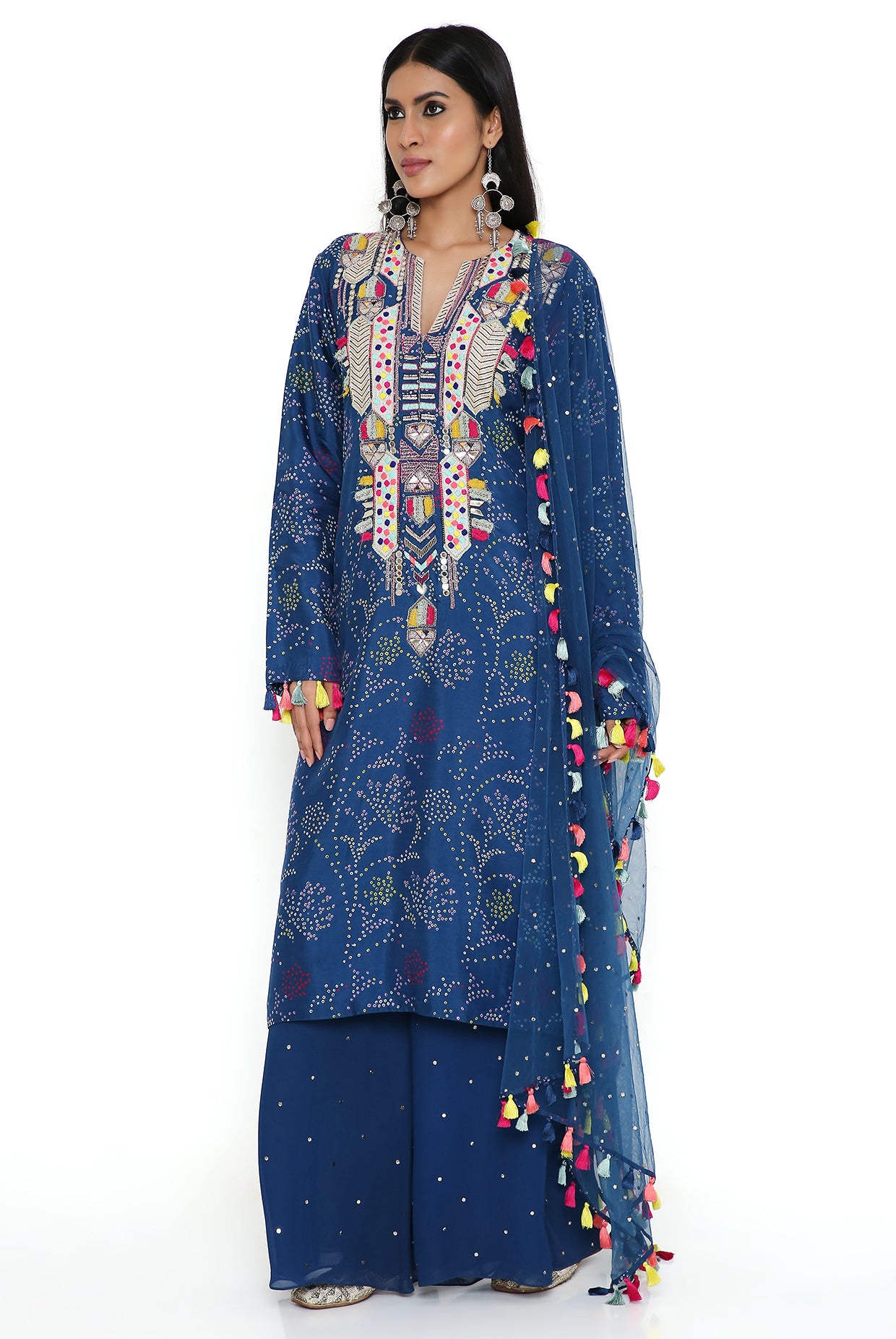 Blue Print Bandhani Silk Embroidered Kurta With Mukaish Georgette Pallazo And Mukaish Net Dupatta