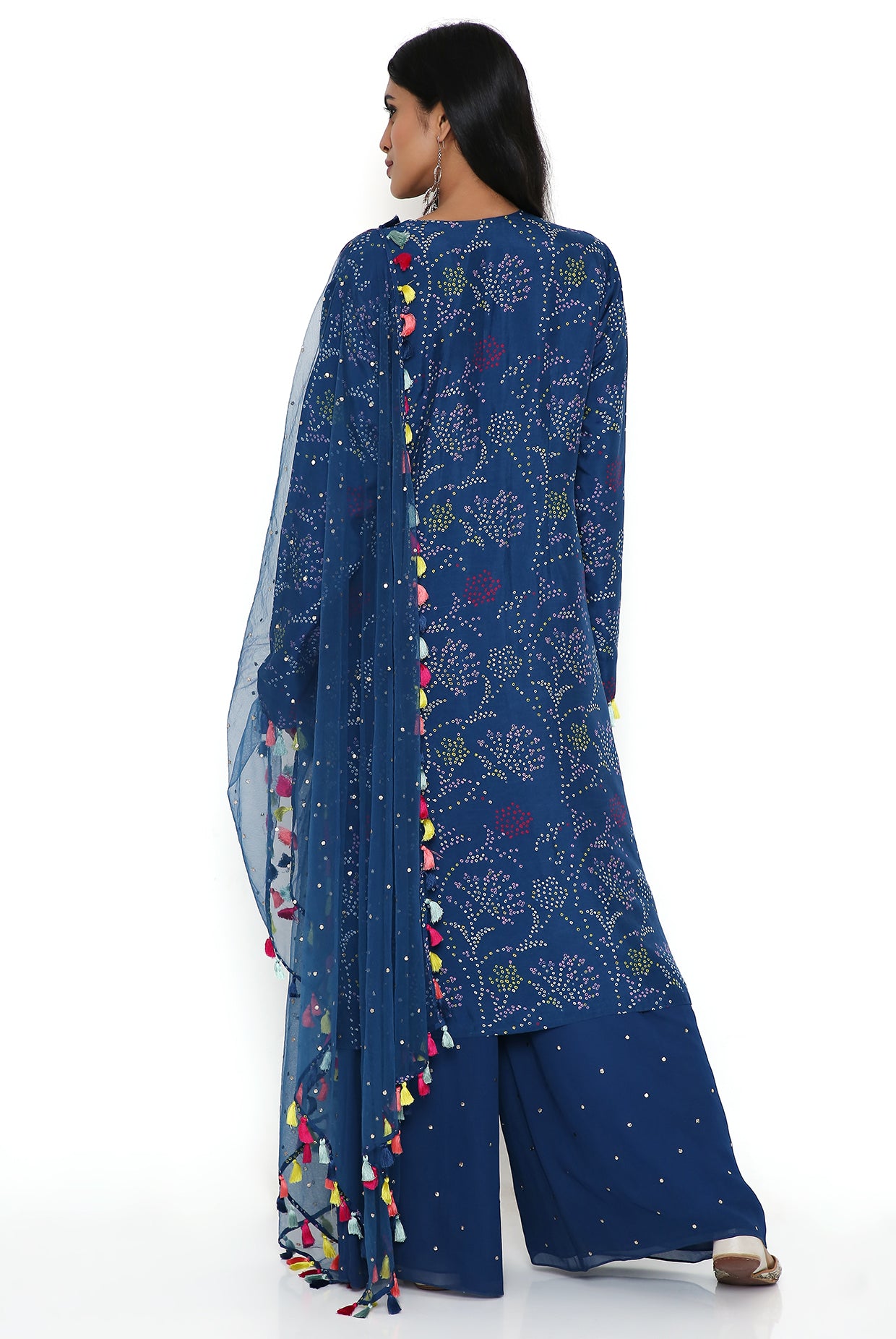 Blue Print Bandhani Silk Embroidered Kurta With Mukaish Georgette Pallazo And Mukaish Net Dupatta