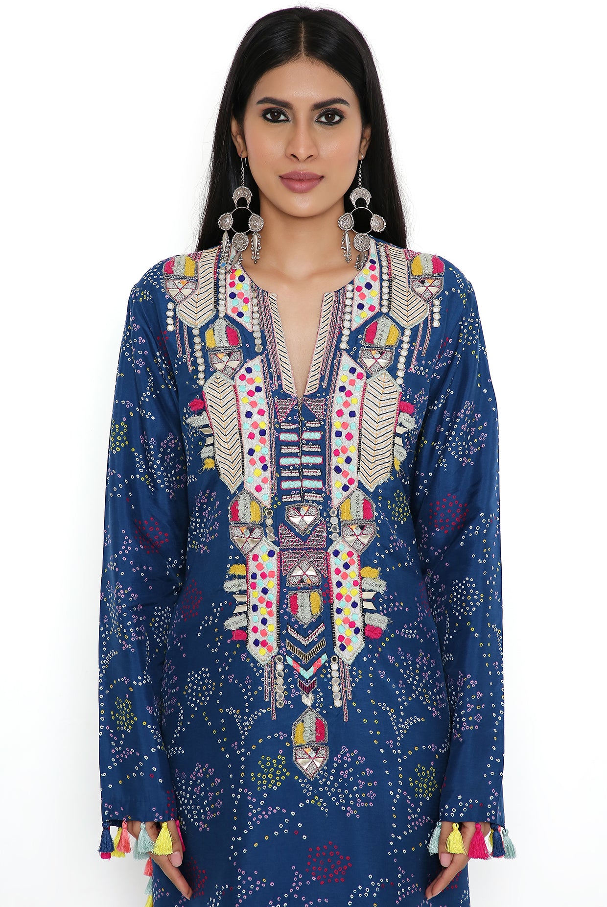 Blue Print Bandhani Silk Embroidered Kurta With Mukaish Georgette Pallazo And Mukaish Net Dupatta