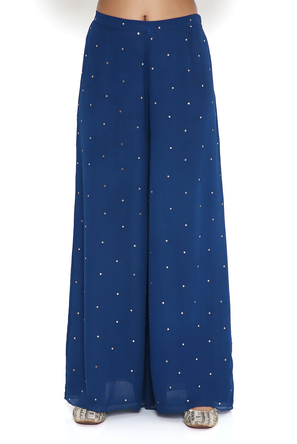 Blue Print Bandhani Silk Embroidered Kurta With Mukaish Georgette Pallazo And Mukaish Net Dupatta