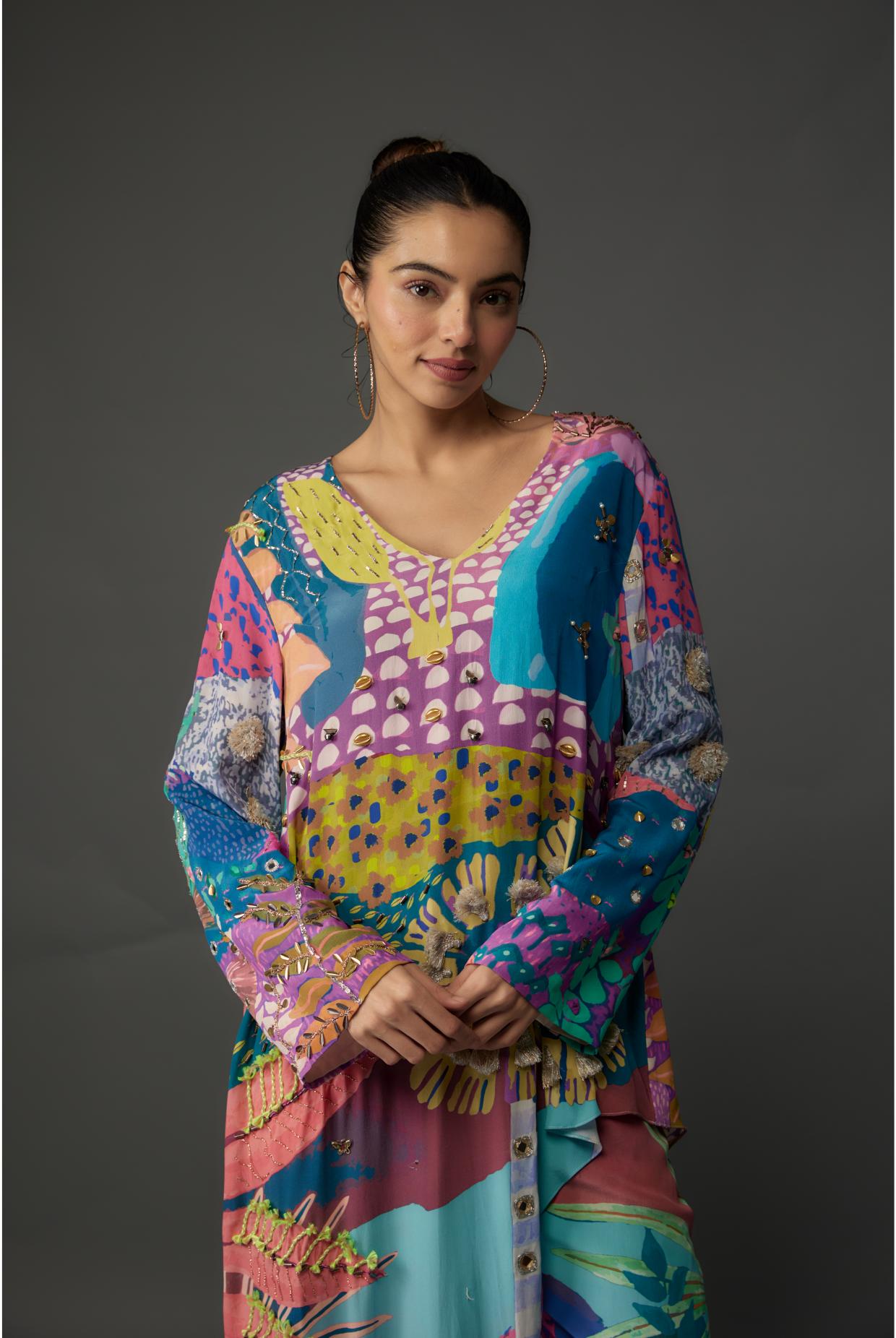 Purple Tropical Print Crepe Embroidered Kurta With Cropped Palazzo
