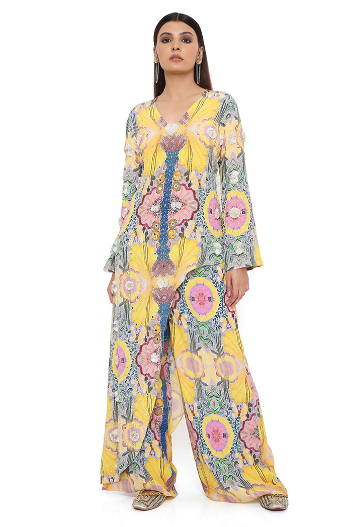 Helen Yellow Enchanted Print Crepe Embroidered One Side Trail Kurta With Cropped Palazzo