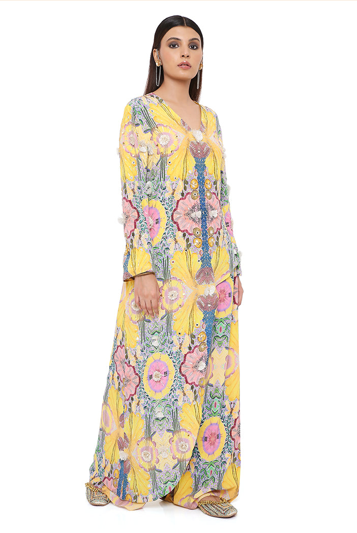 Helen Yellow Enchanted Print Crepe Embroidered One Side Trail Kurta With Cropped Palazzo