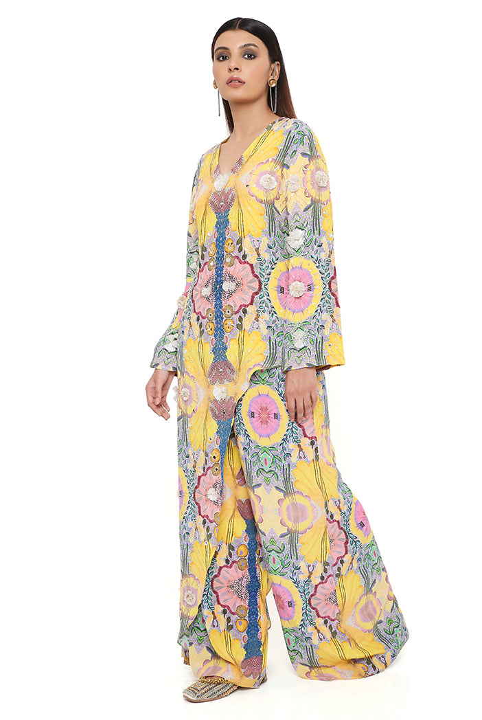 Helen Yellow Enchanted Print Crepe Embroidered One Side Trail Kurta With Cropped Palazzo