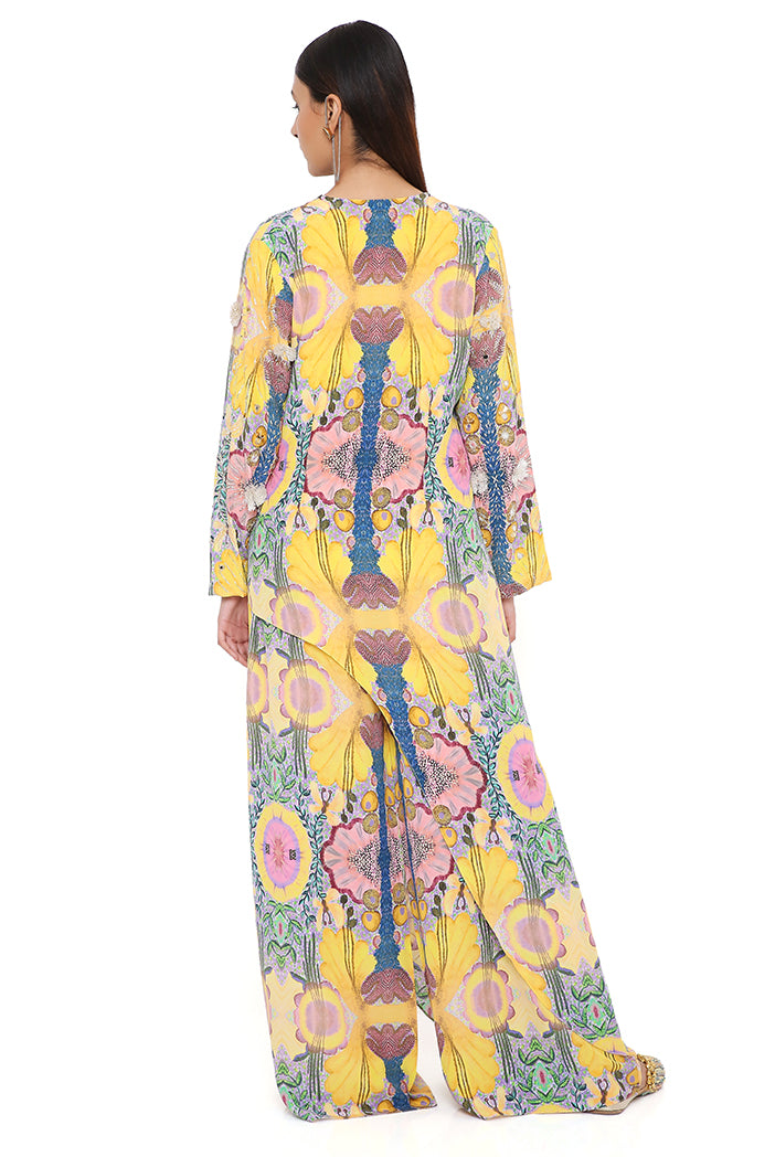 Helen Yellow Enchanted Print Crepe Embroidered One Side Trail Kurta With Cropped Palazzo