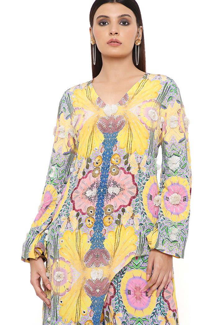 Helen Yellow Enchanted Print Crepe Embroidered One Side Trail Kurta With Cropped Palazzo