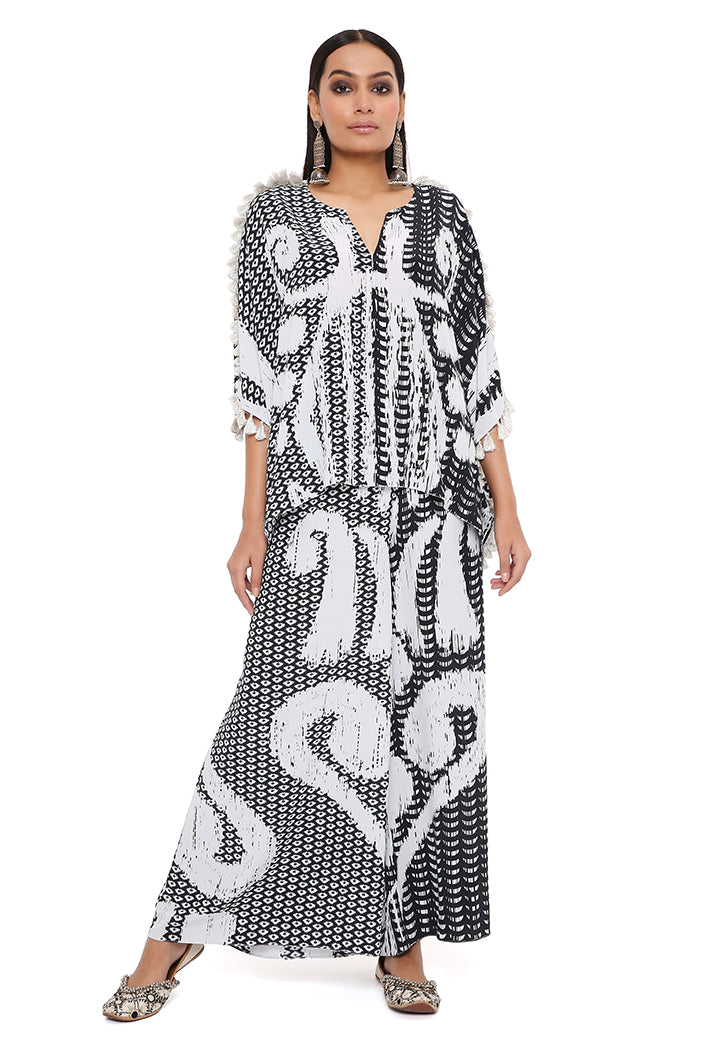 Black And White Uzbez Print Crepe Kaftan With Palazzo