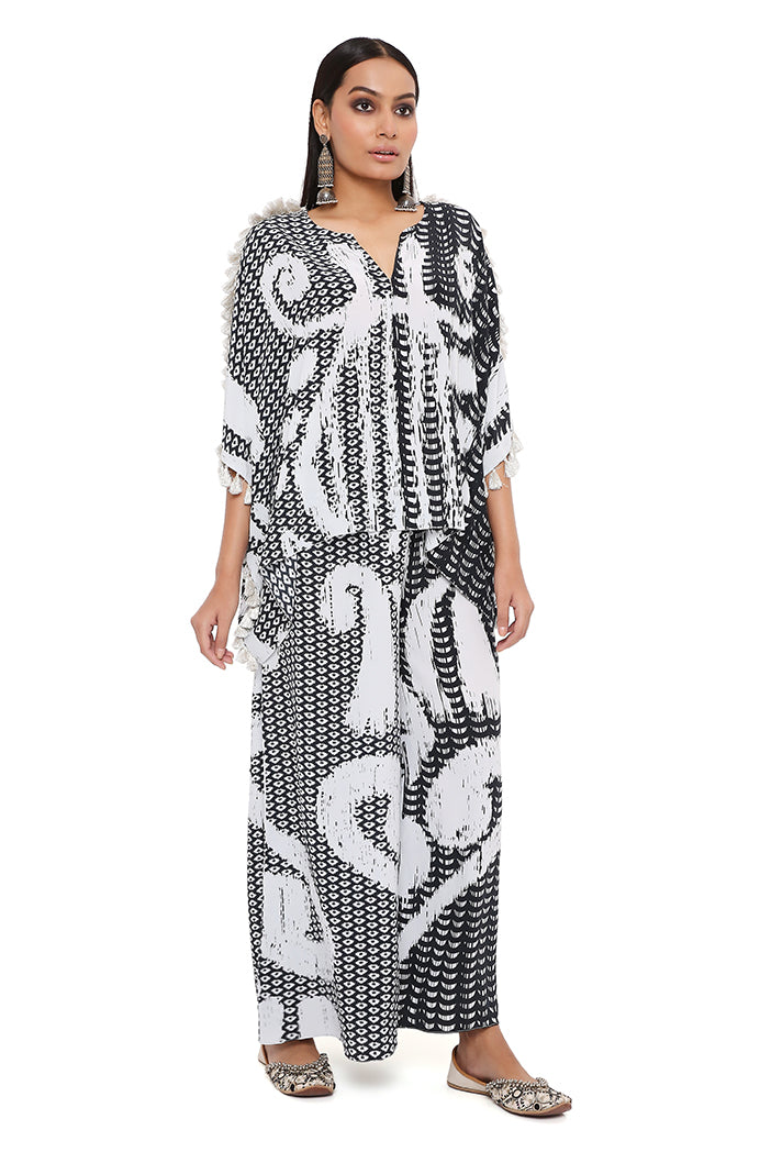 Black And White Uzbez Print Crepe Kaftan With Palazzo