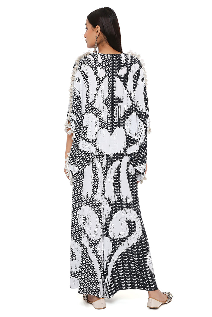 Black And White Uzbez Print Crepe Kaftan With Palazzo