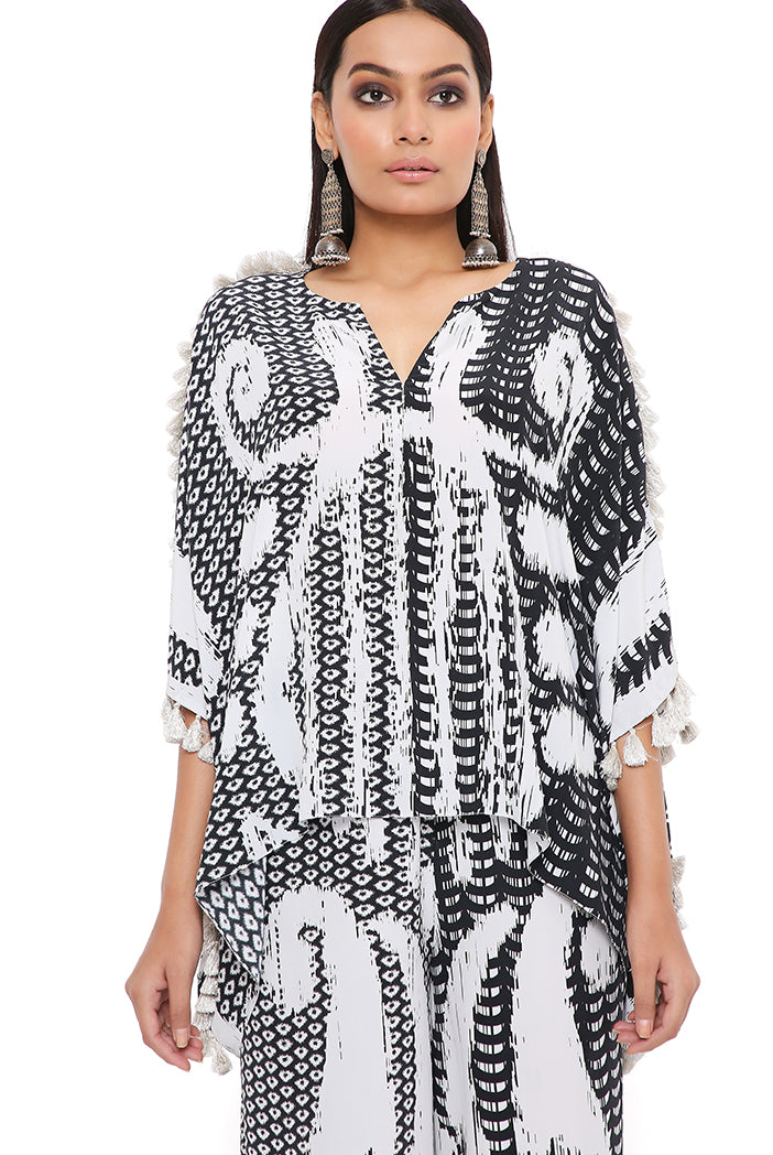 Black And White Uzbez Print Crepe Kaftan With Palazzo