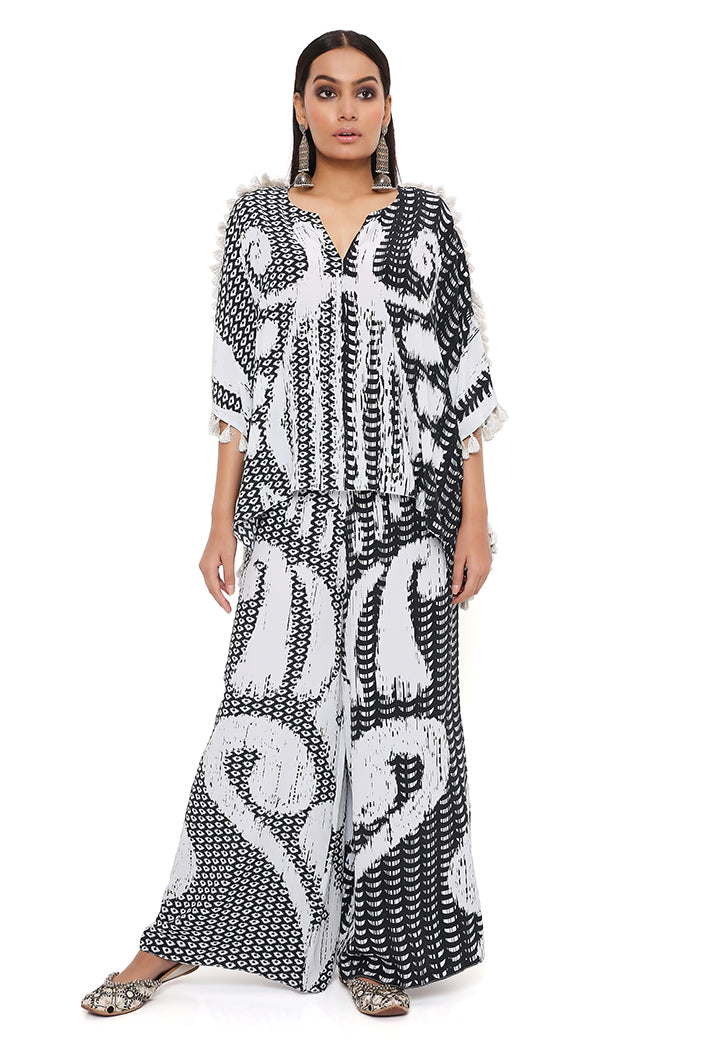 Black And White Uzbez Print Crepe Kaftan With Palazzo