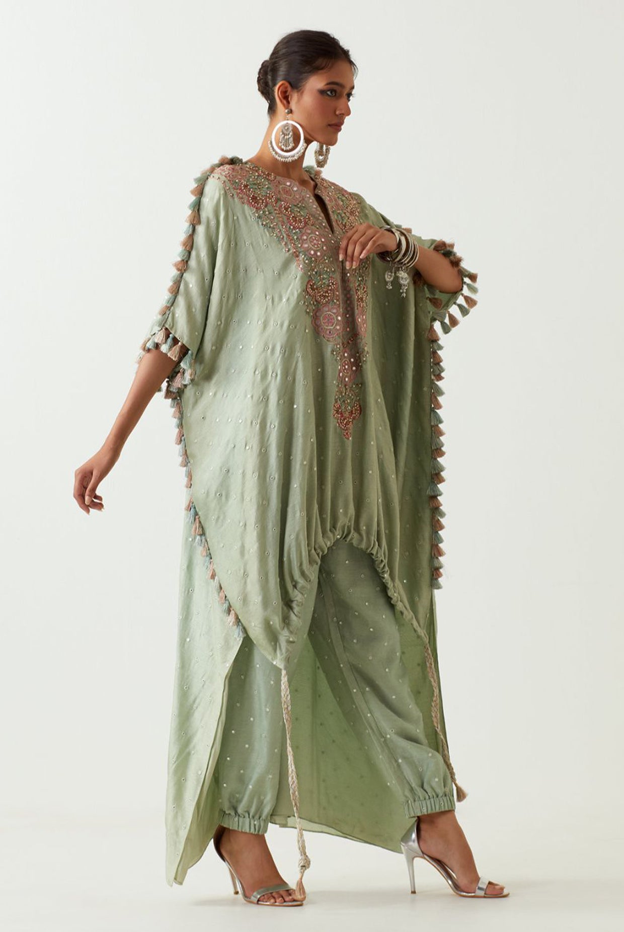 Mint Embroidered High Low Kurta With Jogger Pant