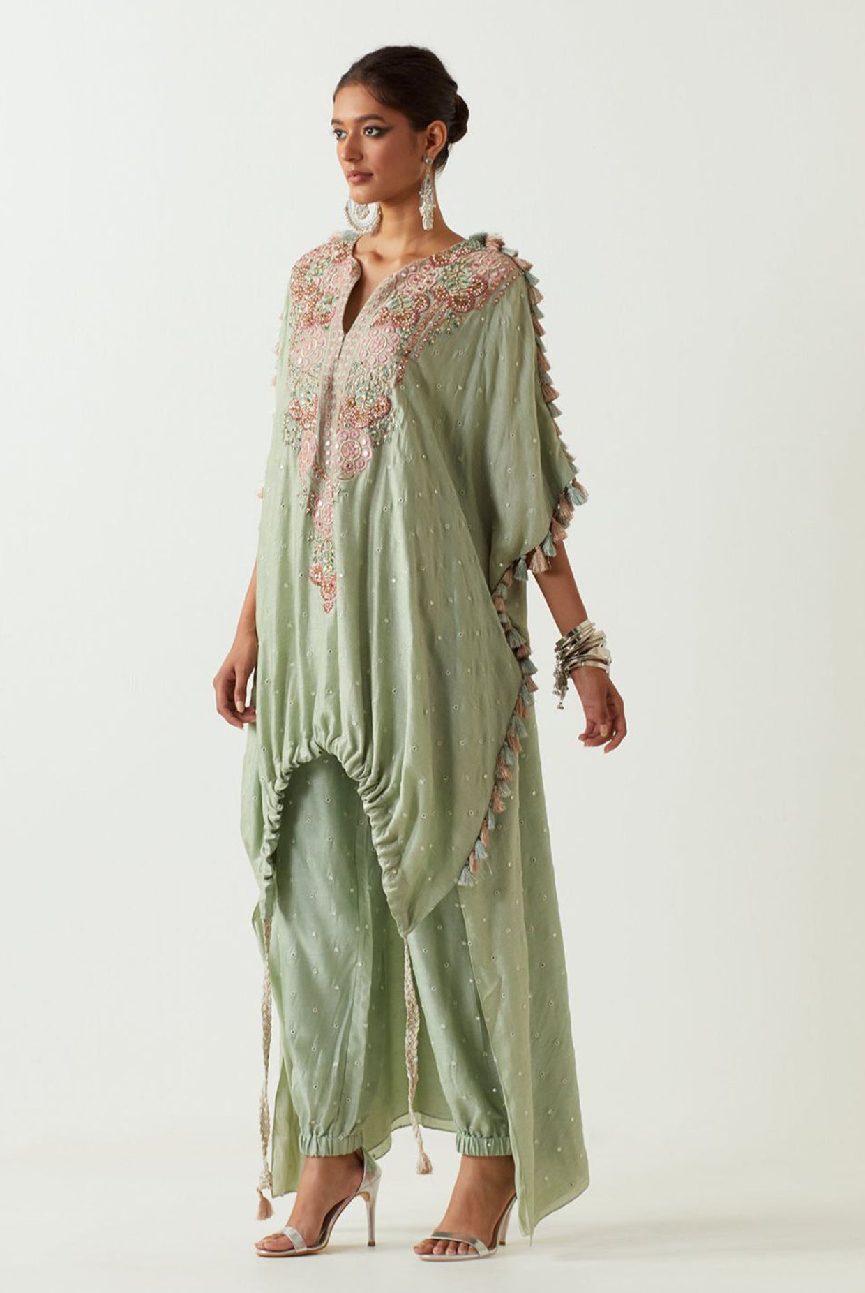 Mint Embroidered High Low Kurta With Jogger Pant