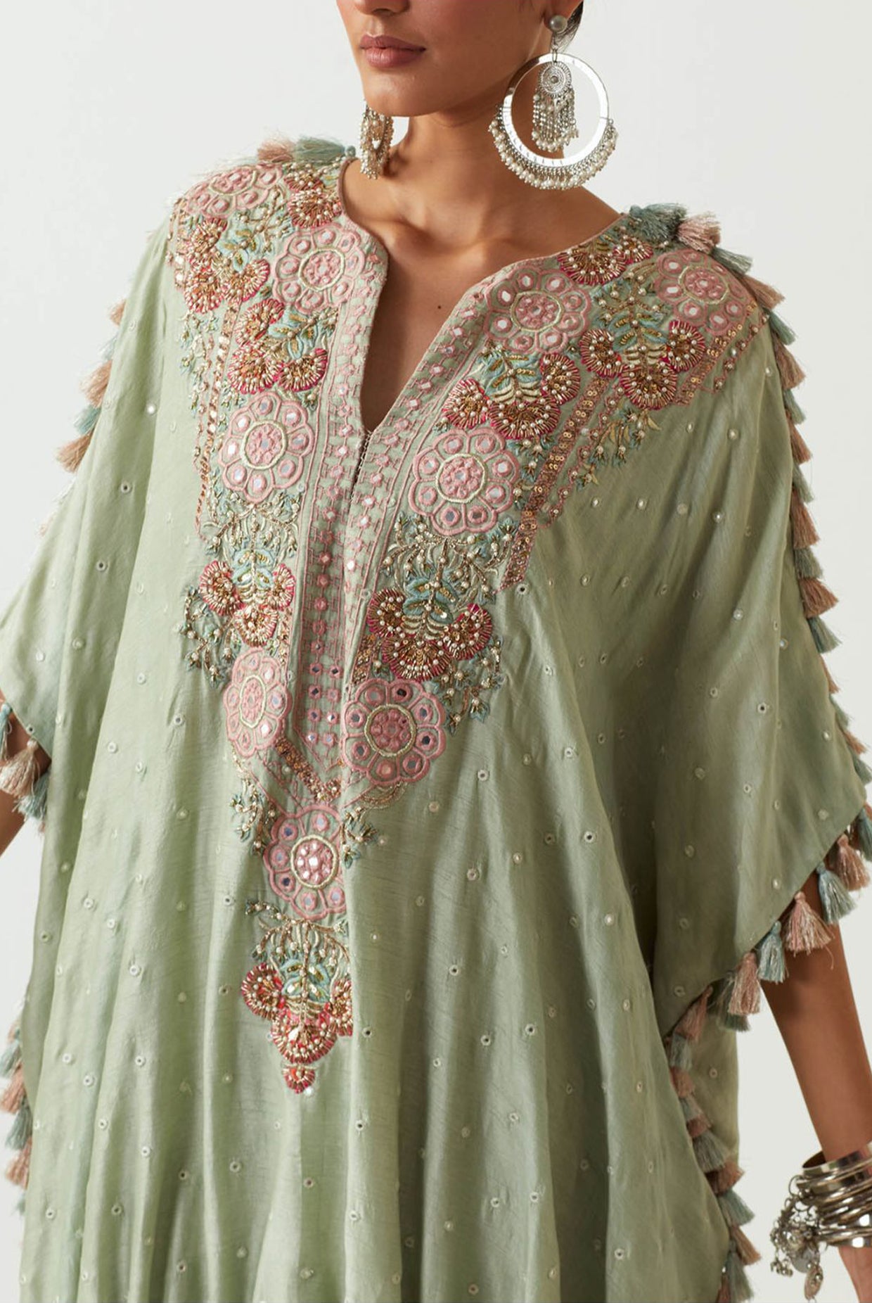 Mint Embroidered High Low Kurta With Jogger Pant