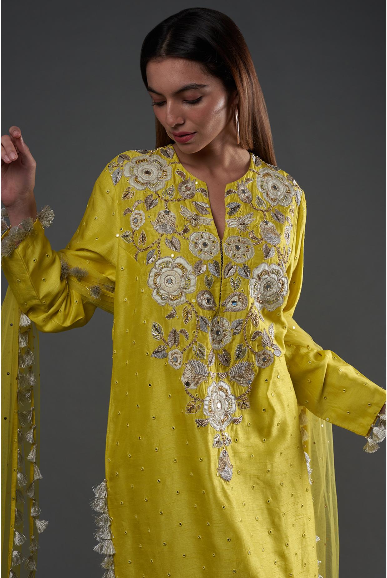 Yellow Embroidered Kurta & Palazzo With Dupatta