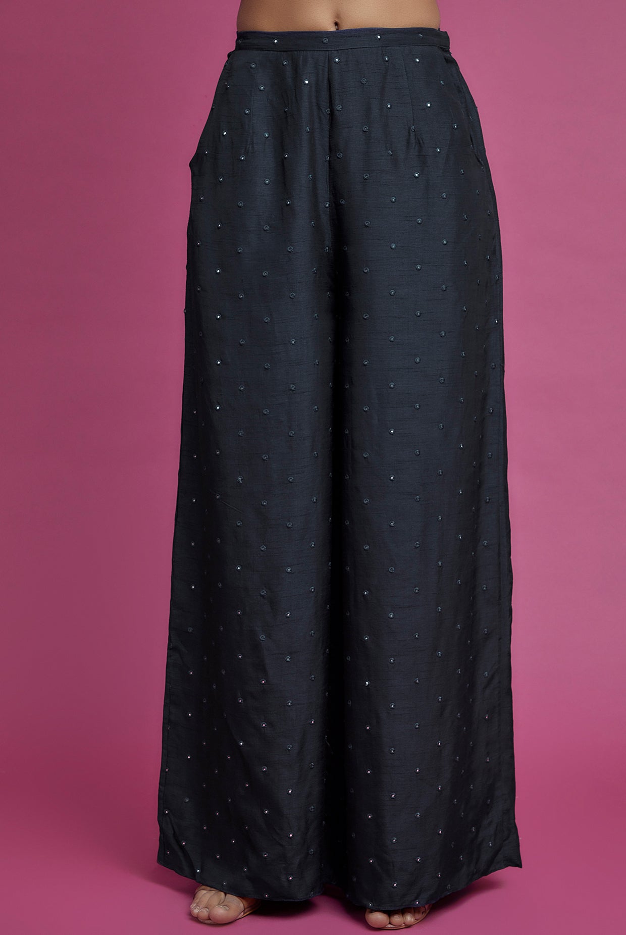 Midnight Blue Embroidered Yoke Kurta With Palazzo And Dupatta