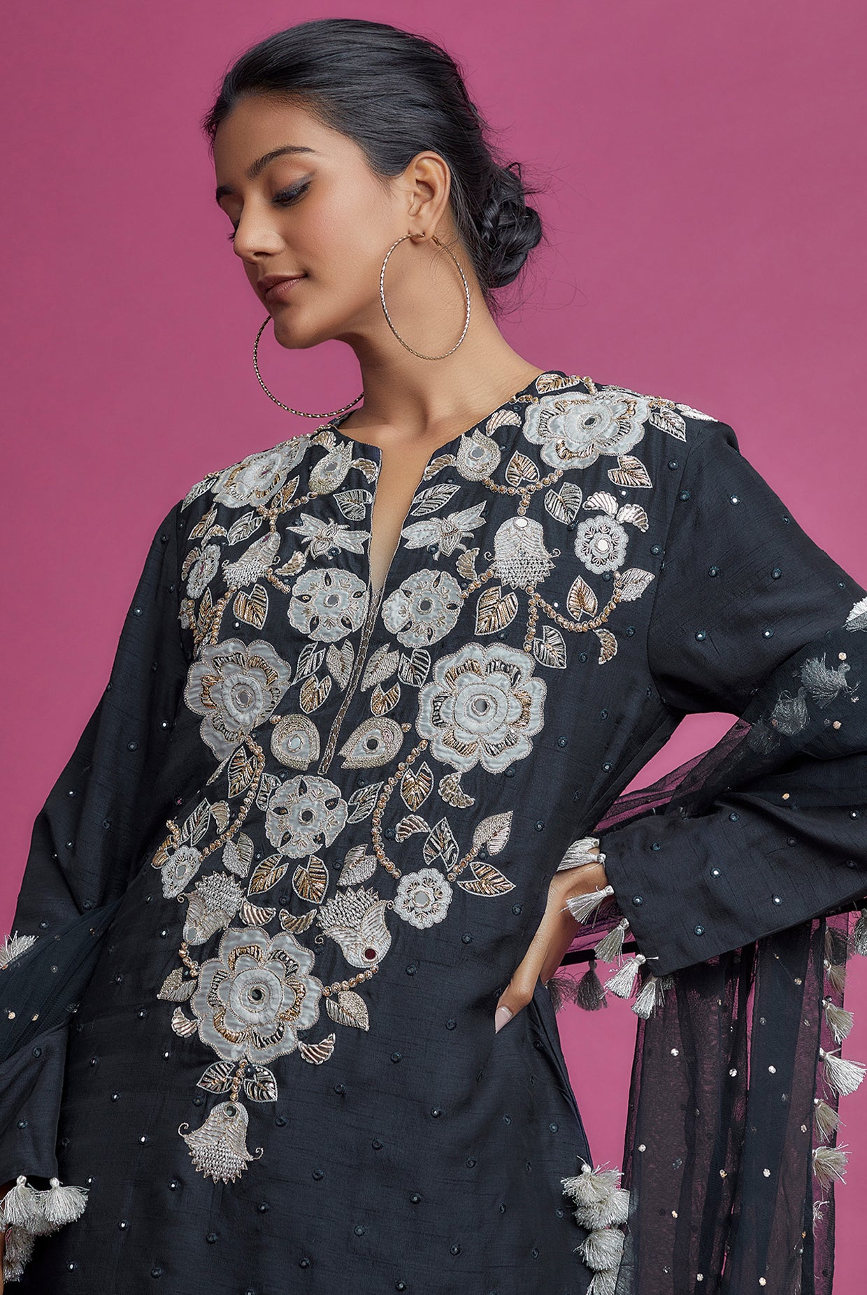 Midnight Blue Embroidered Yoke Kurta With Palazzo And Dupatta
