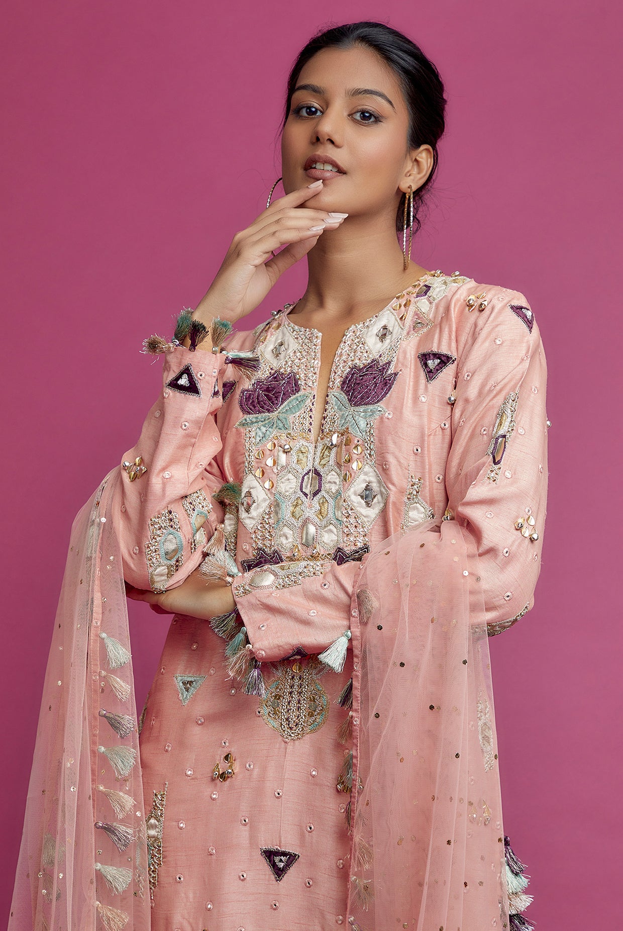 Rose Pink Embroidered Kurta With Palazzo And Dupatta