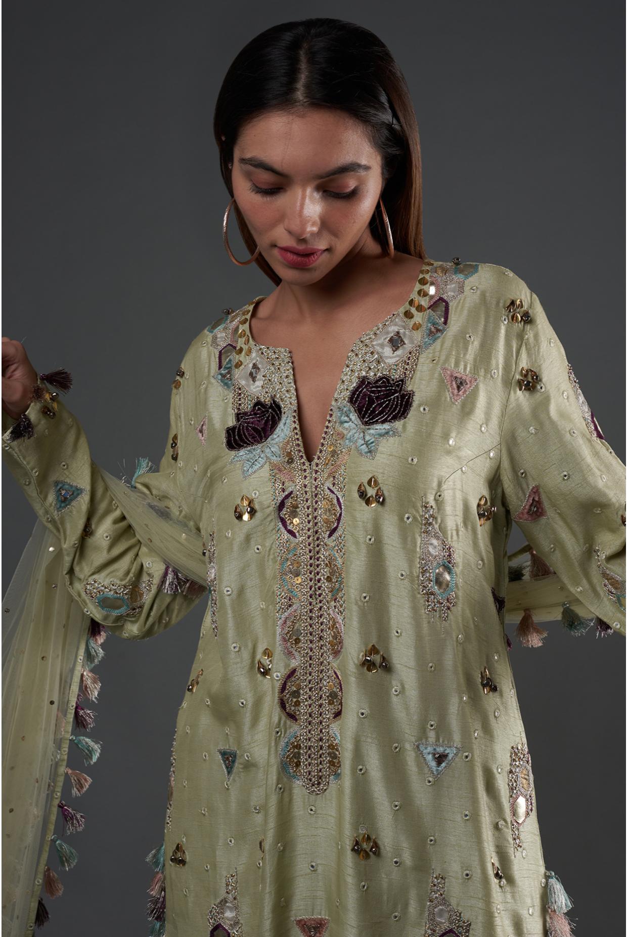 Mint Embroidered Kurta & Palazzo With Dupatta