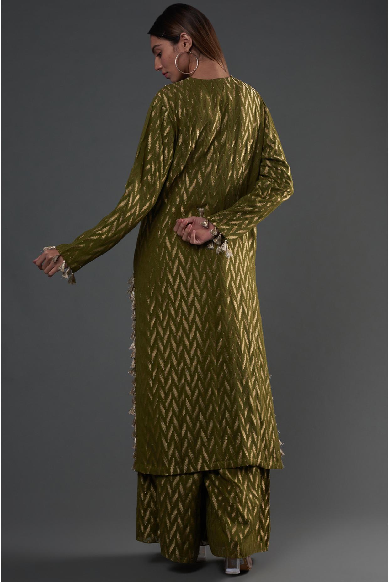 Olive Embroidered Kurta & Palazzo With Dupatta
