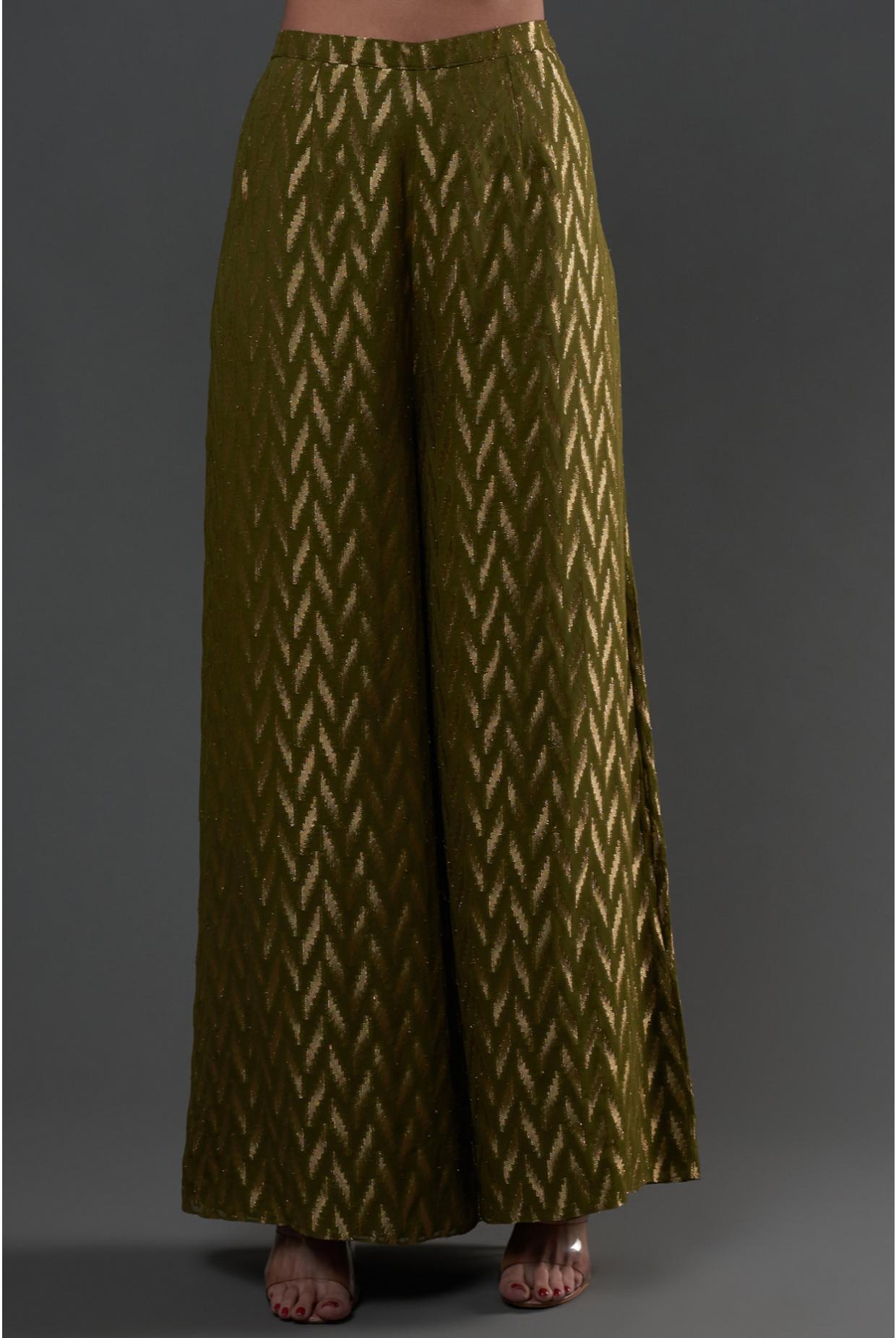 Olive Embroidered Kurta & Palazzo With Dupatta