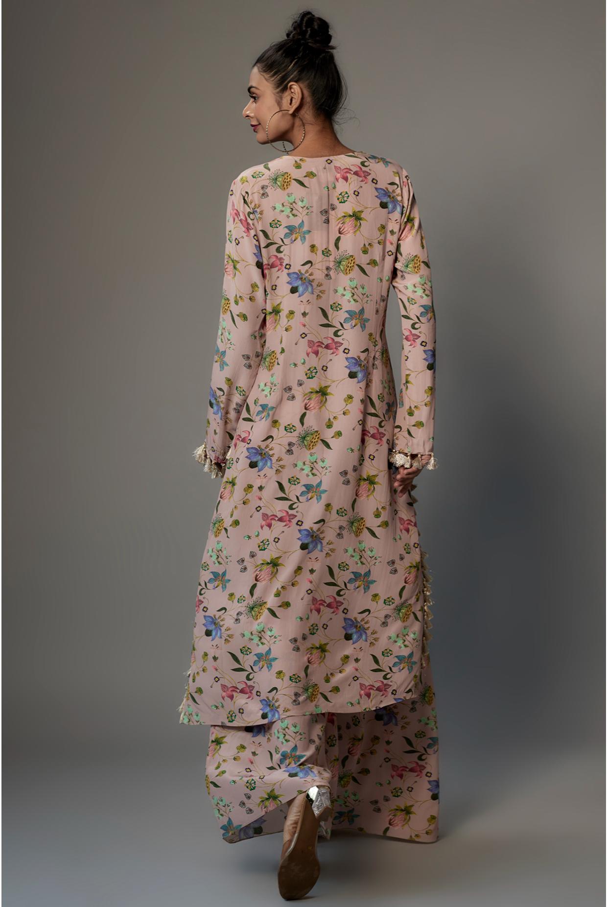 Rose Pink Crepe Embroidered Yoke Kurta With Palazzo & Dupatta