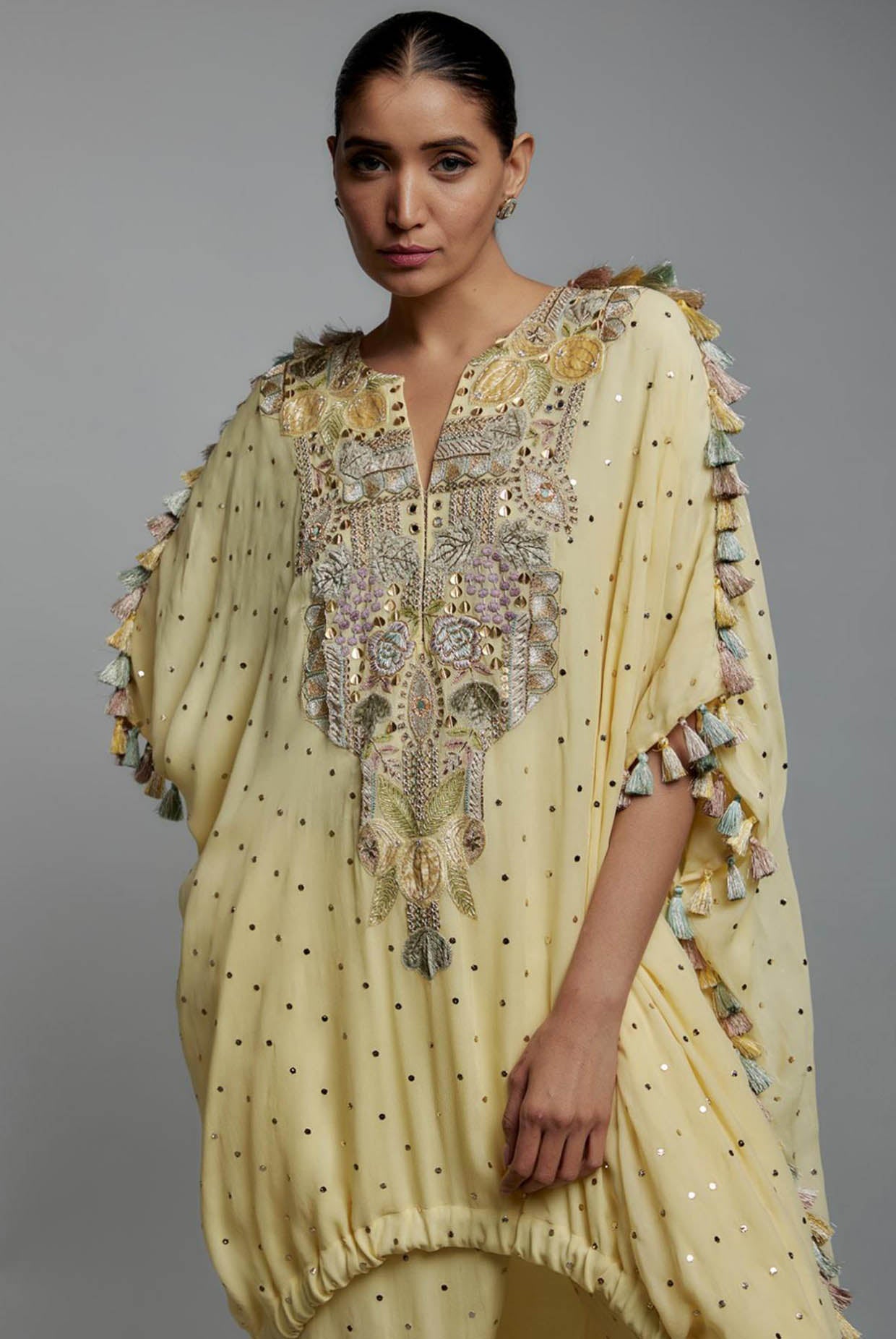 Yellow Embroidered High Low Kurta With Jogger Pant