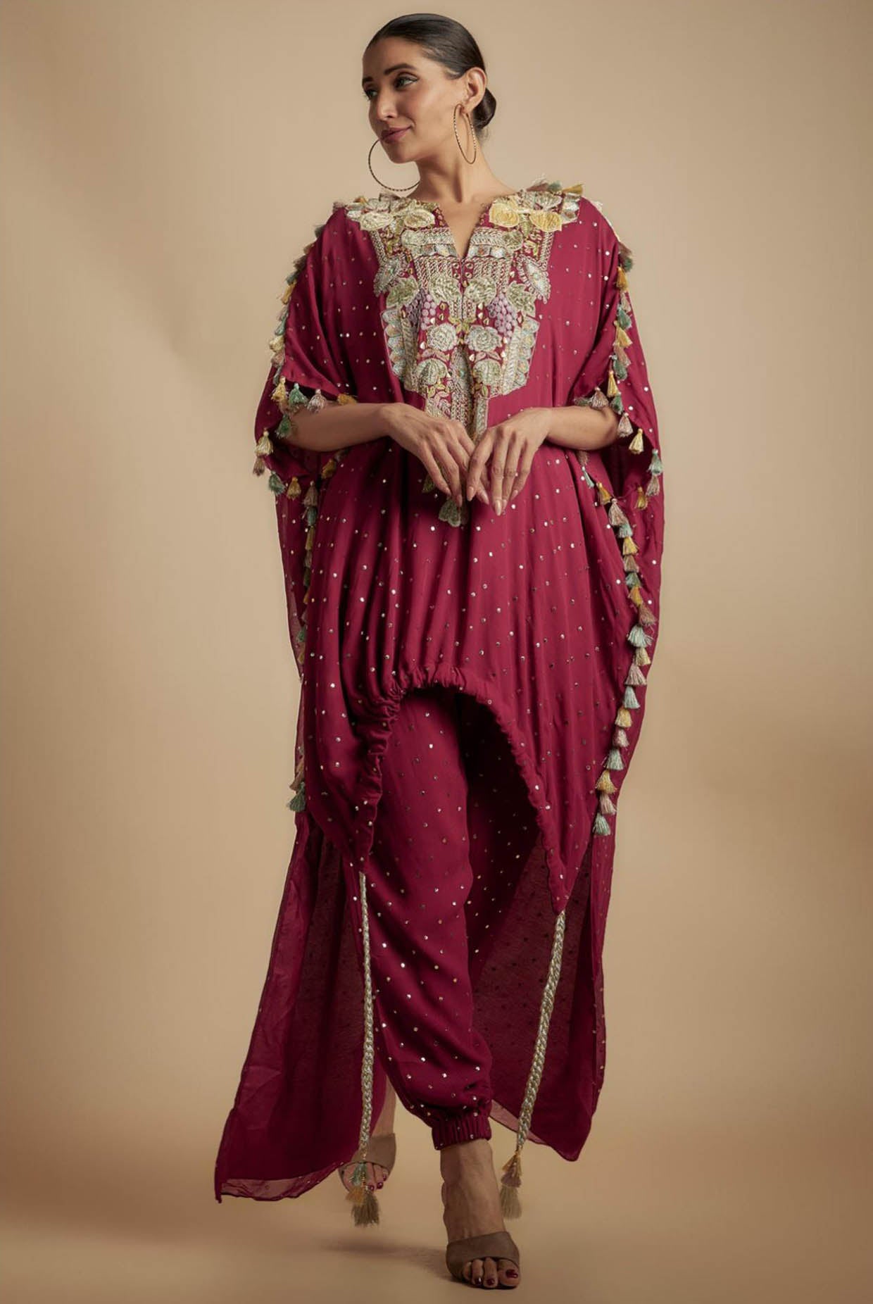 Maroon Embroidered High Low Kurta With Jogger Pant