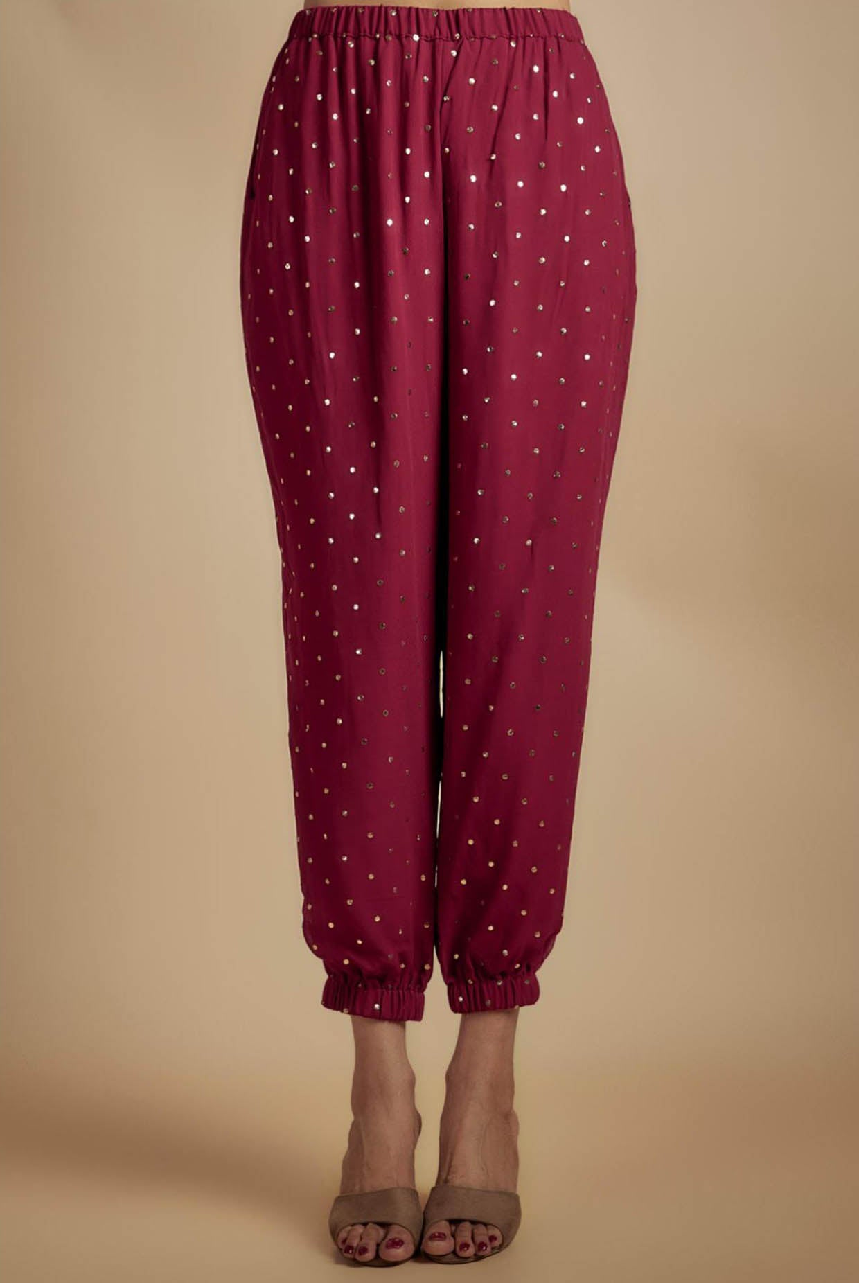 Maroon Embroidered High Low Kurta With Jogger Pant