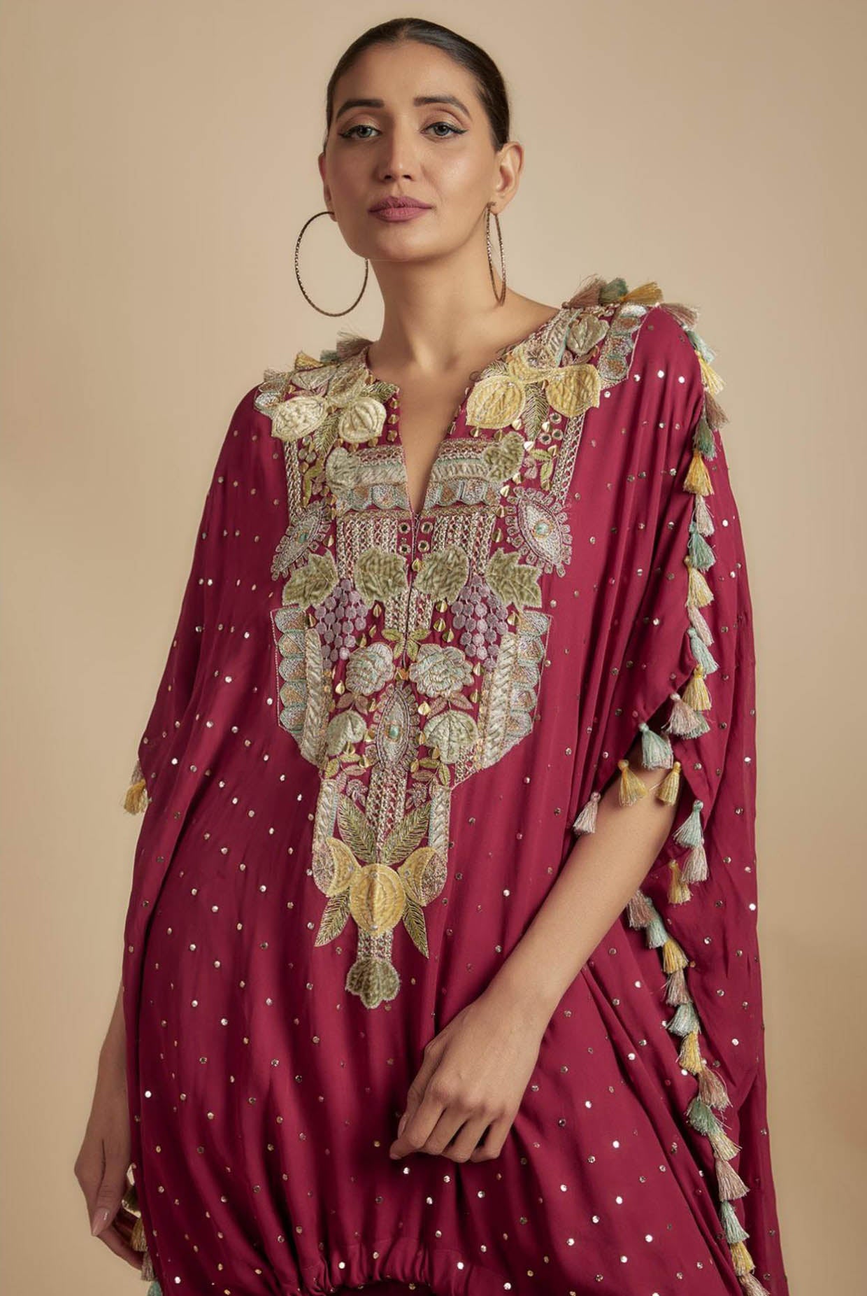 Maroon Embroidered High Low Kurta With Jogger Pant