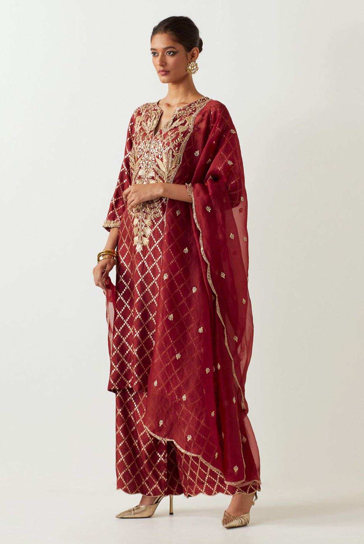 Maroon Embroidered Kurta With Pant And Embroidered Dupatta