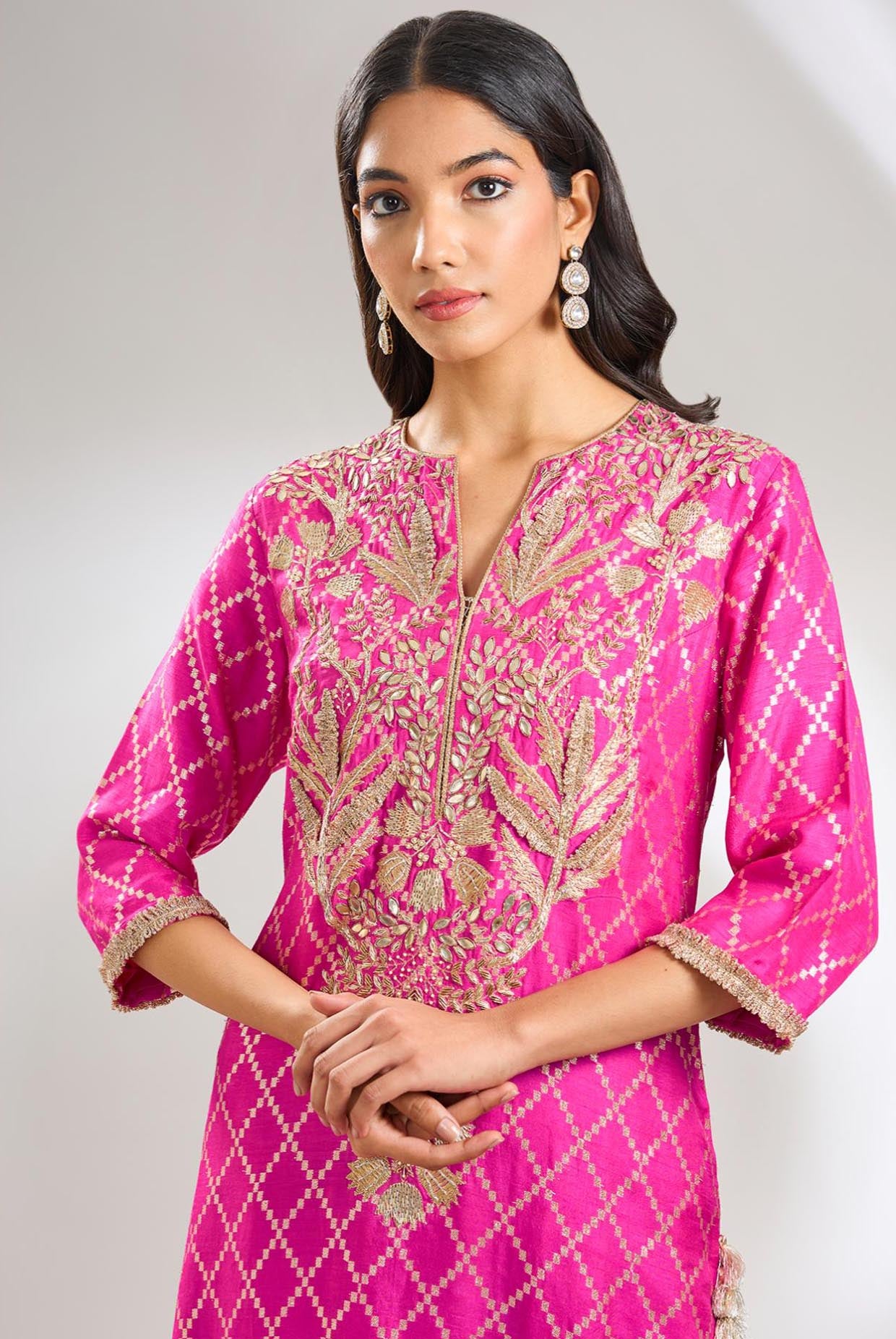 Hot Pink Embroidered Kurta With Pant And Embroidered Dupatta