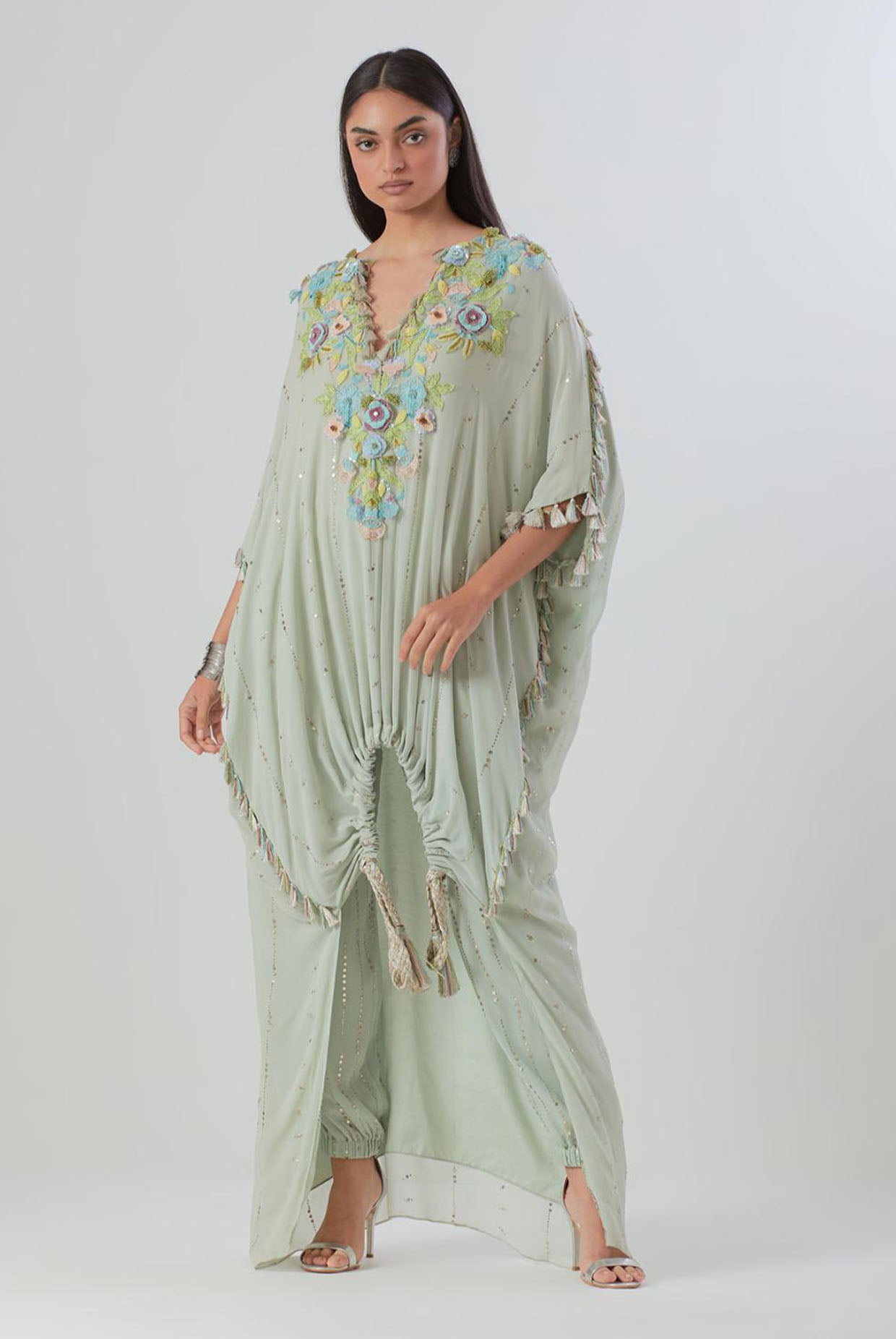 Powder Blue Embroidered High Low Kurta And Jogger Pant