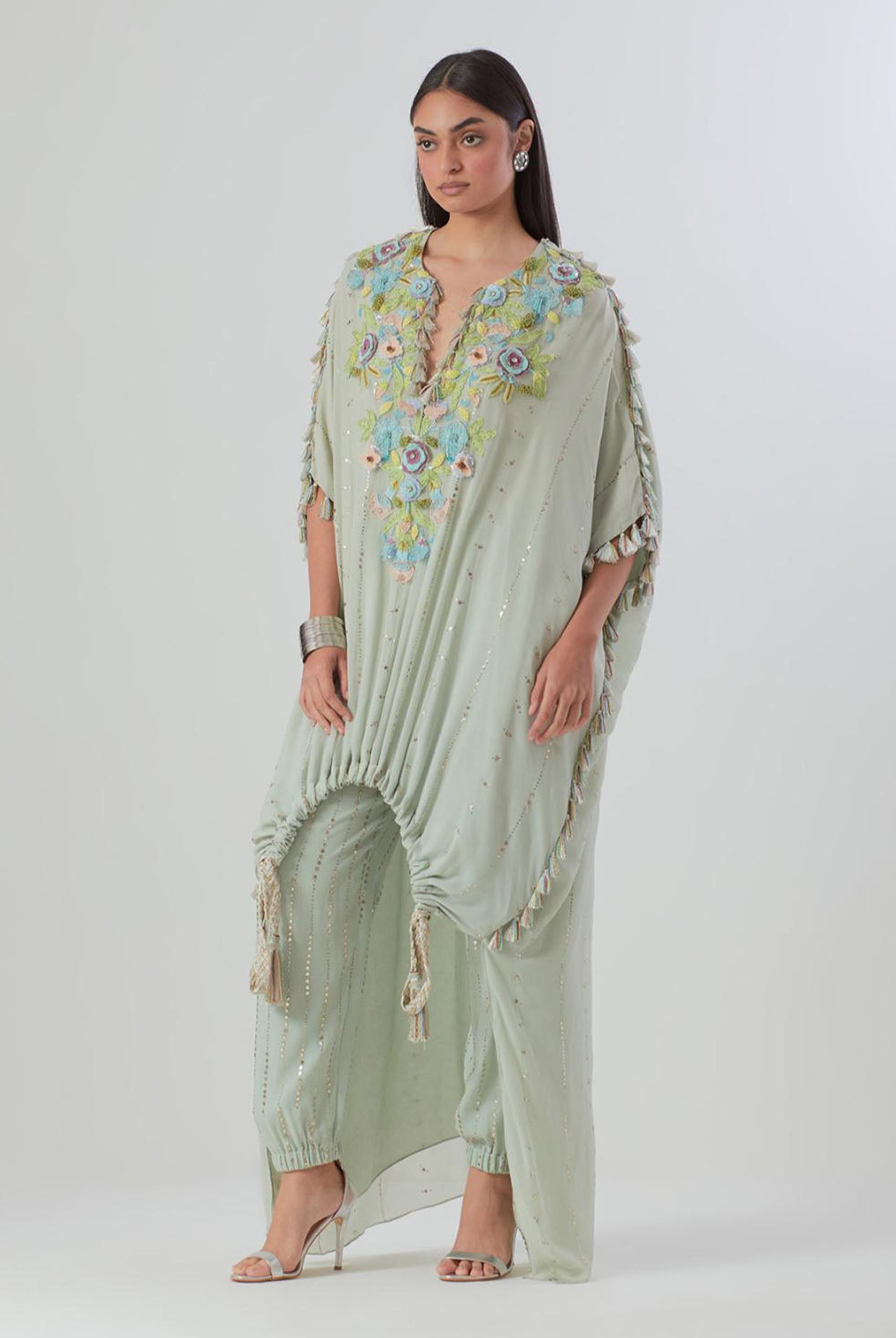 Powder Blue Embroidered High Low Kurta And Jogger Pant