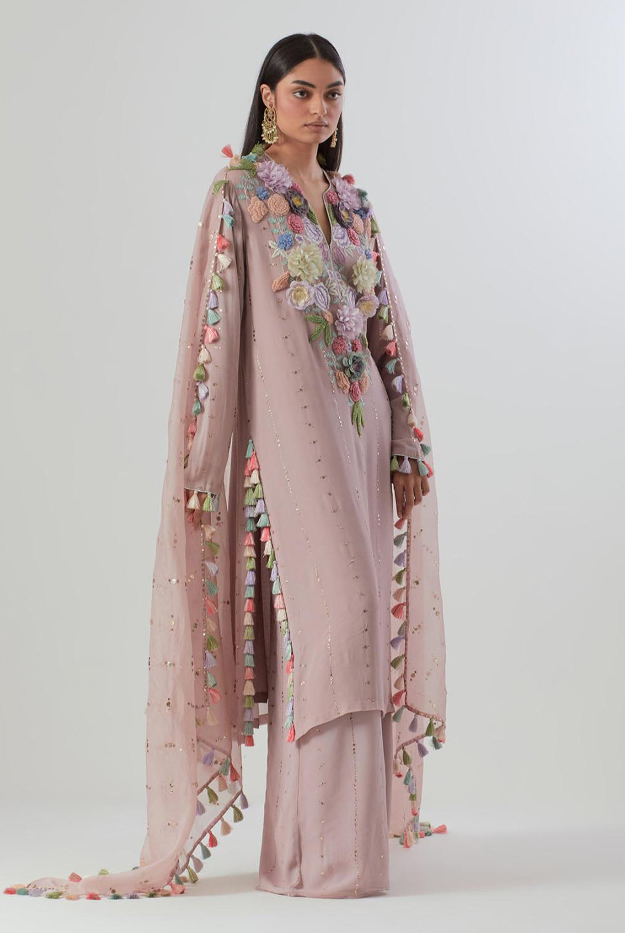 Lilac Embroidered Kurta And Palazzo With Dupatta