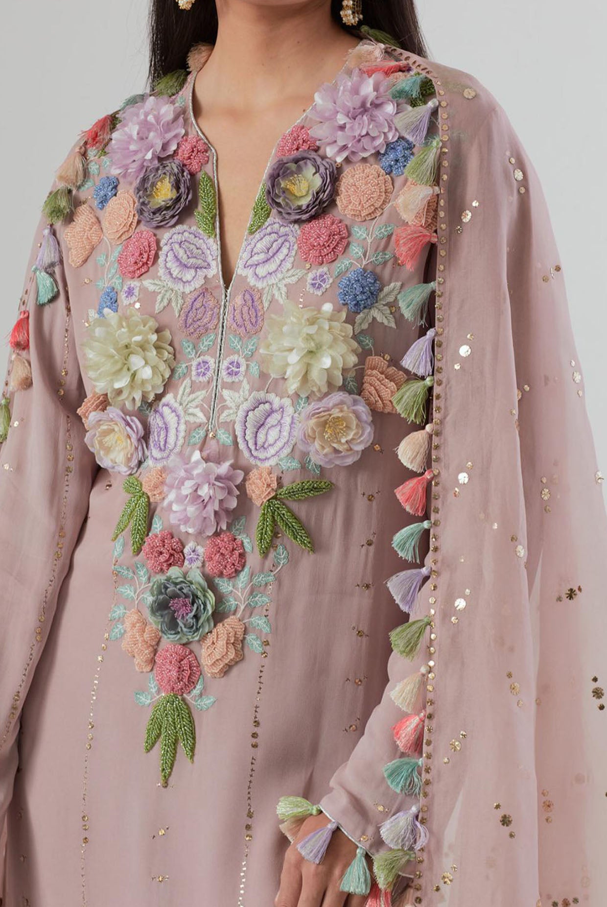 Lilac Embroidered Kurta And Palazzo With Dupatta