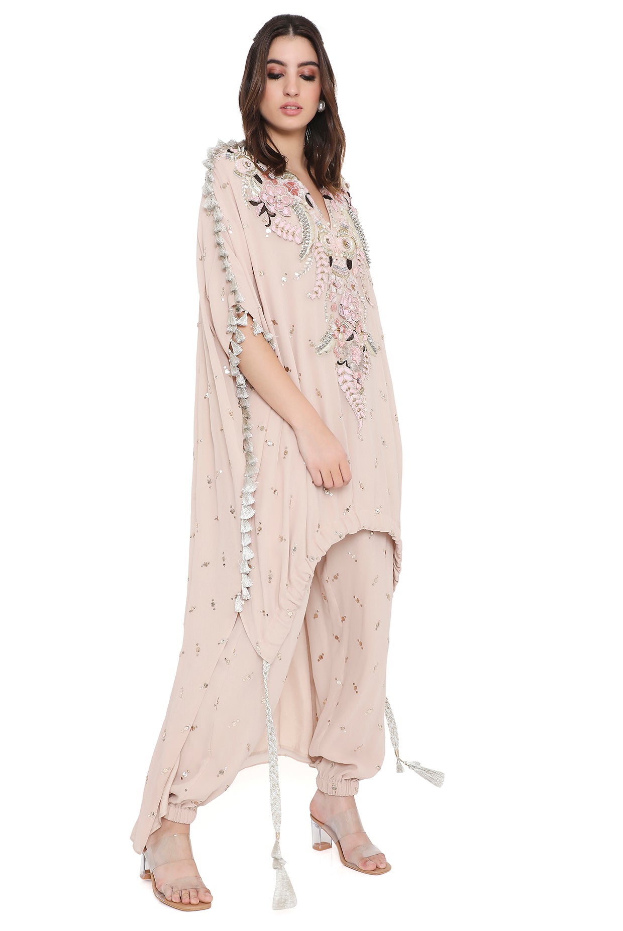 Sicily Stone Embroidered High Low Kaftan With Jogger Pant