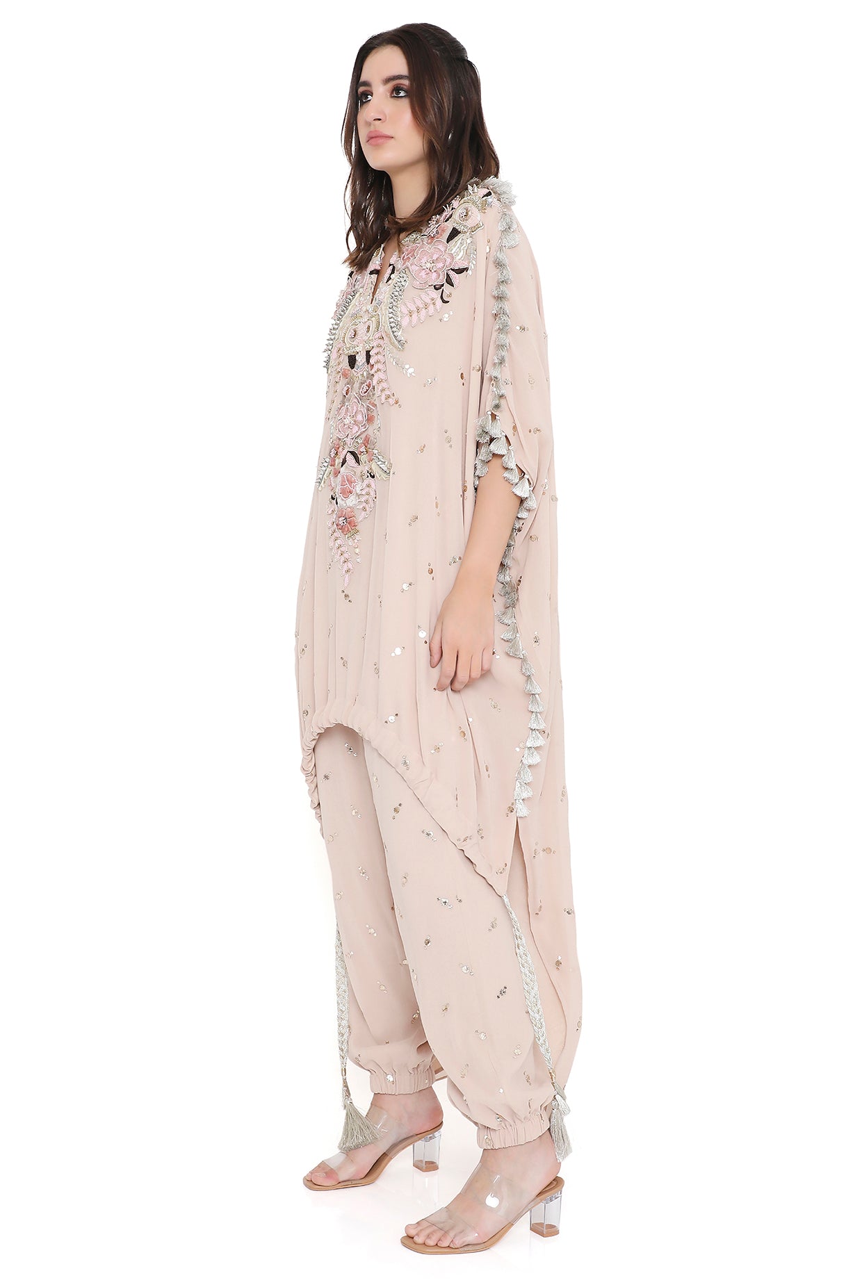 Sicily Stone Embroidered High Low Kaftan With Jogger Pant