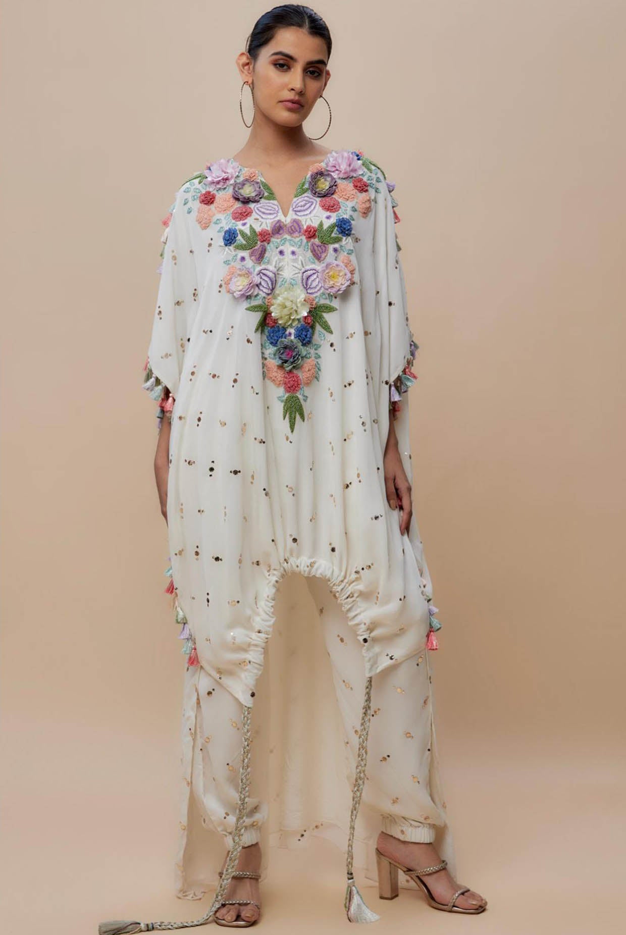 Off White Embroidered High Low Kaftan With Jogger Pant